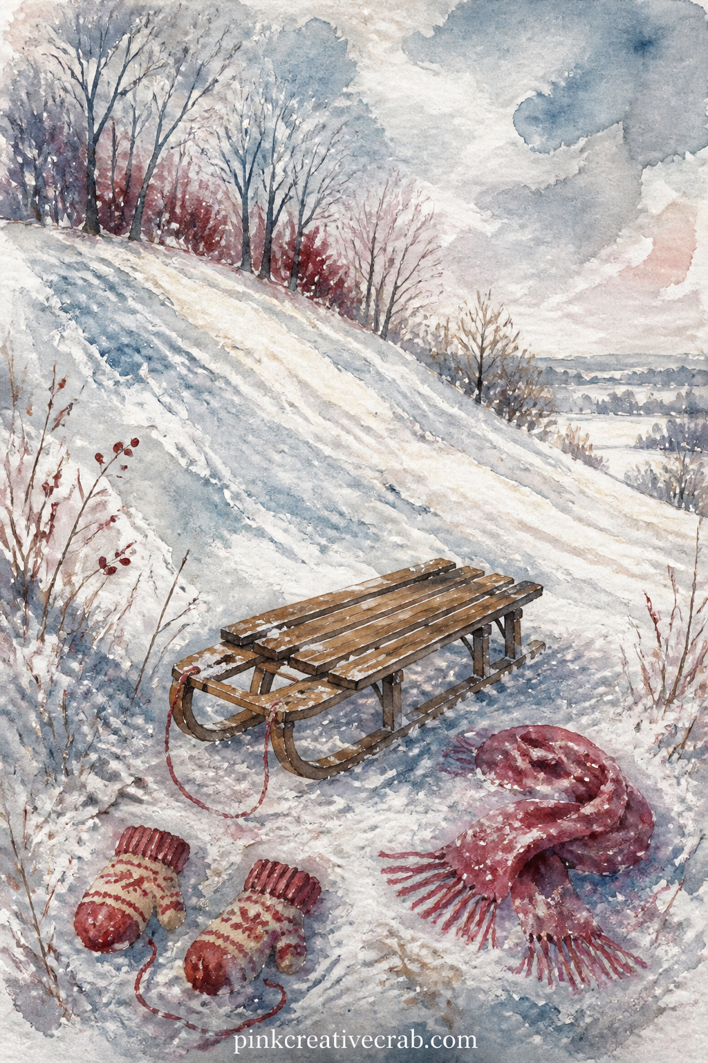Sledding Hill At Midday printable page — Glue a small torn photo of your own winter walk onto the open hillside here, or leave it bare if you would rather just