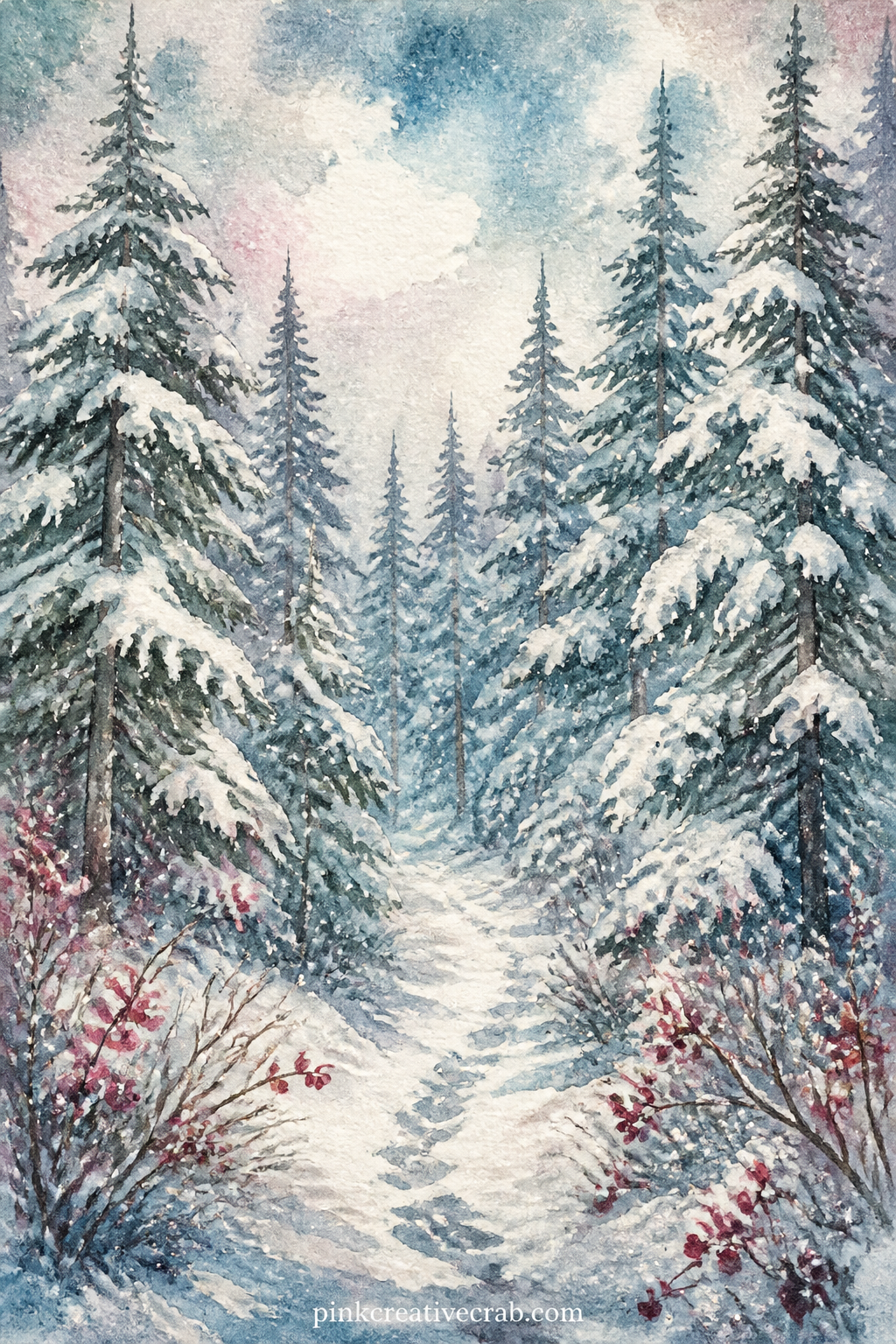 Snow-Covered Pine Forest printable page — Rows of heavy-laden pines stretch back into a pale, quiet winter sky, the whole page given over to that hush. Winter