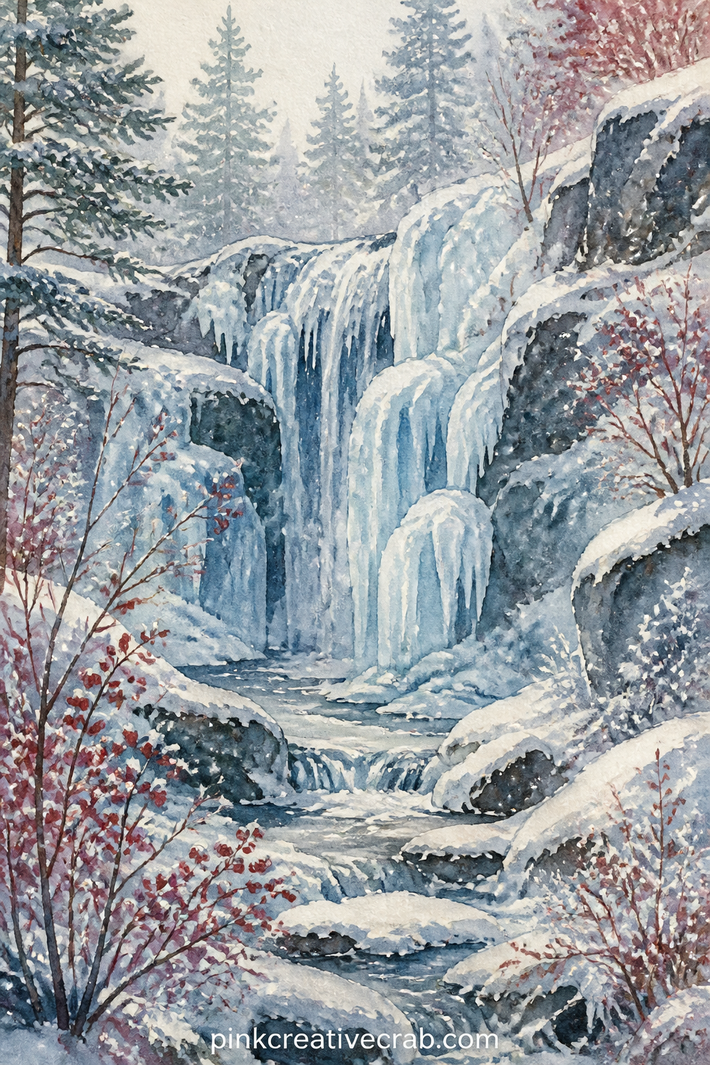 Frozen Waterfall In The Woods printable page — A frozen waterfall works well beside the pond skaters page in a spread, so the two cold-water scenes sit across
