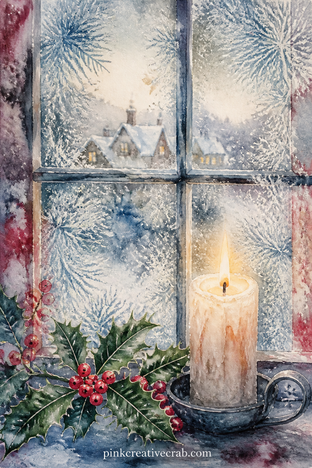 Frosted Window With Candle printable page — Frost patterns creep across the glass while a single candle burns on the sill, the view outside reduced to soft