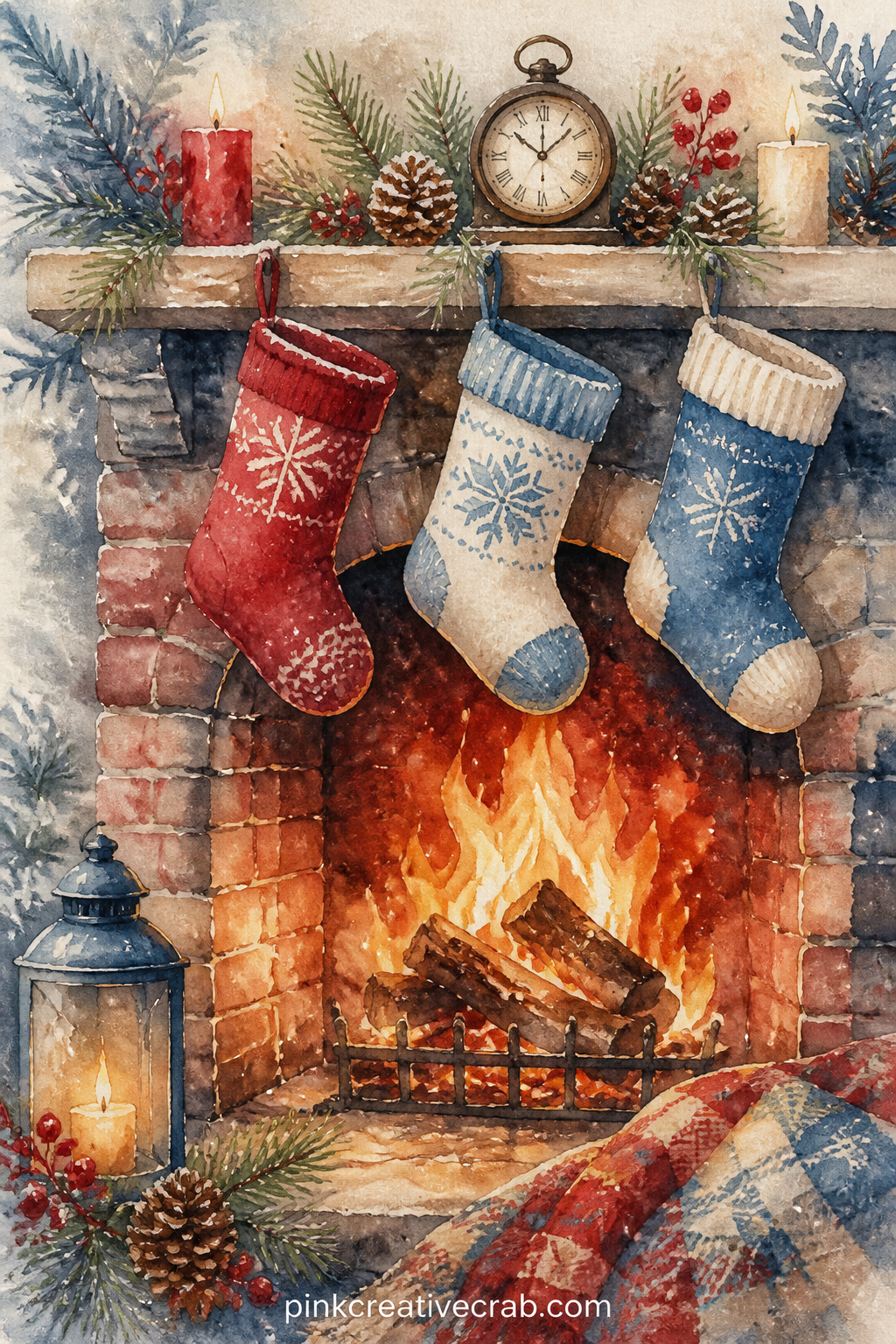 Fireplace With Stockings printable page — Write the names of everyone who will visit this winter along the mantel in this page, one name tucked beside each