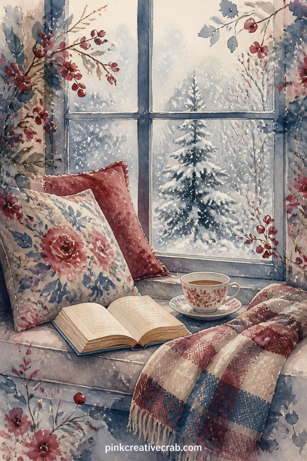 Window Seat With Tea And Book printable page — Tear the edge of this page roughly by hand before gluing it in, so the torn line echoes the soft blanket draped