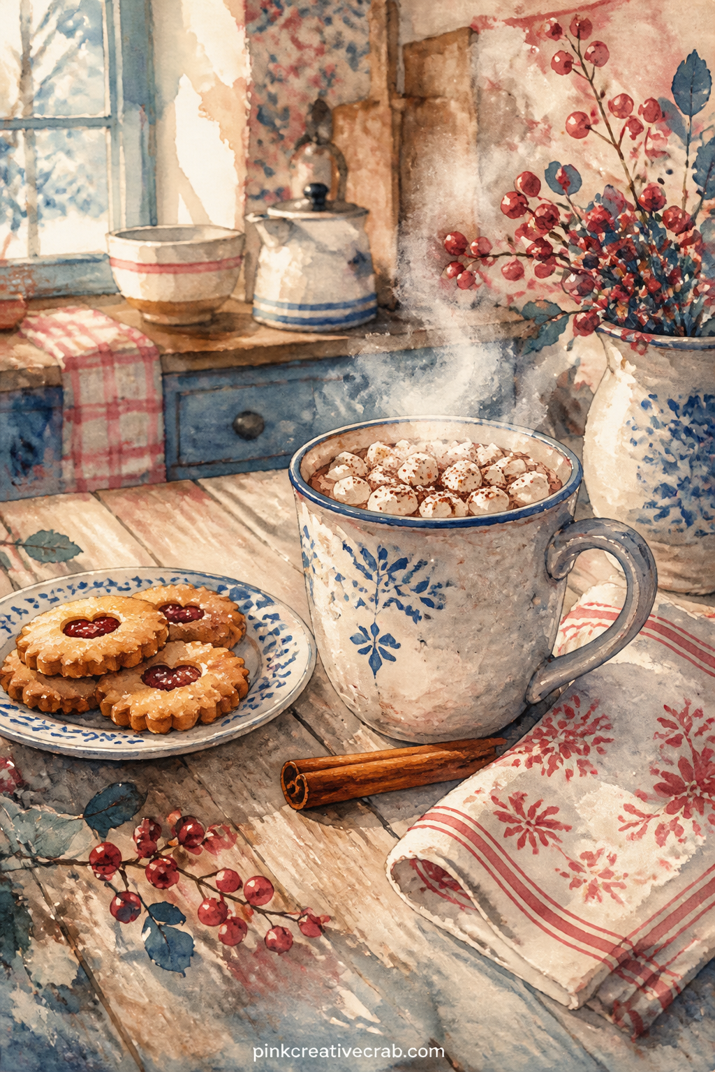 Kitchen Table With Cocoa printable page — This page suits a reader who journals about food and small daily comforts, since it holds a mug, a saucer of biscuits
