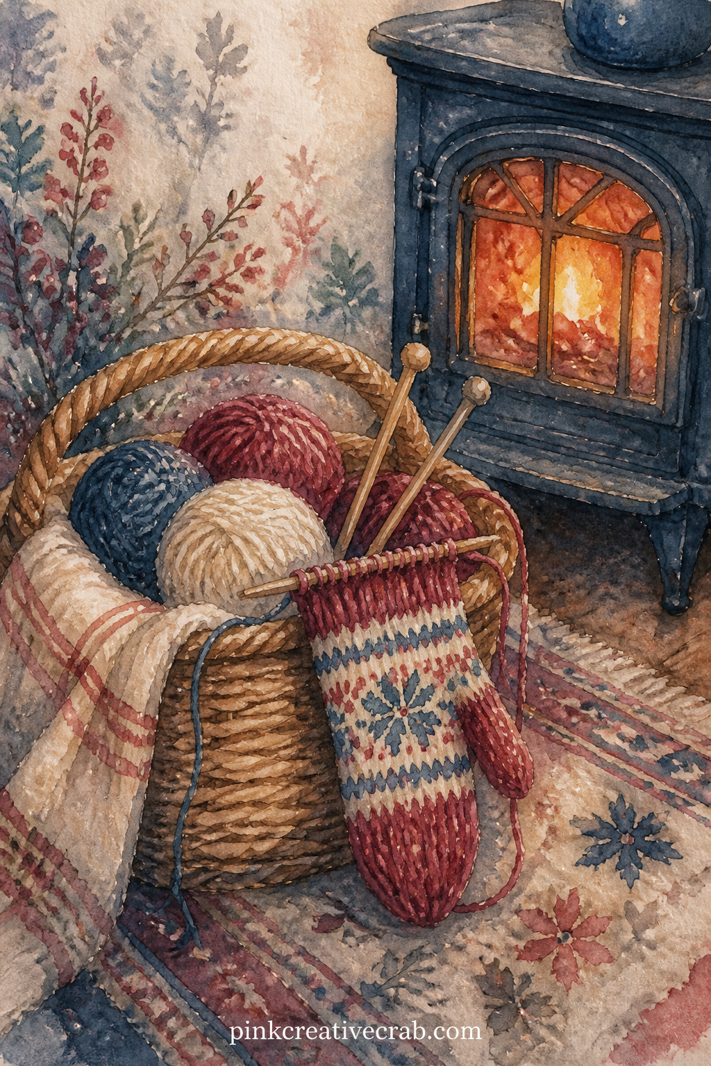Knitting Basket By The Stove printable page — Balls of yarn, half-finished mittens and a pair of wooden needles rest in a basket beside the glowing stove, the