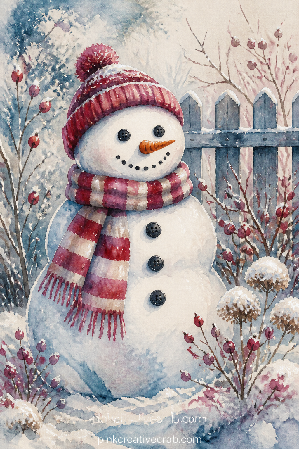 Snowman In The Garden printable page — Buttons, a carrot nose and a crooked scarf give this snowman his character, standing alone in a quiet snow-covered