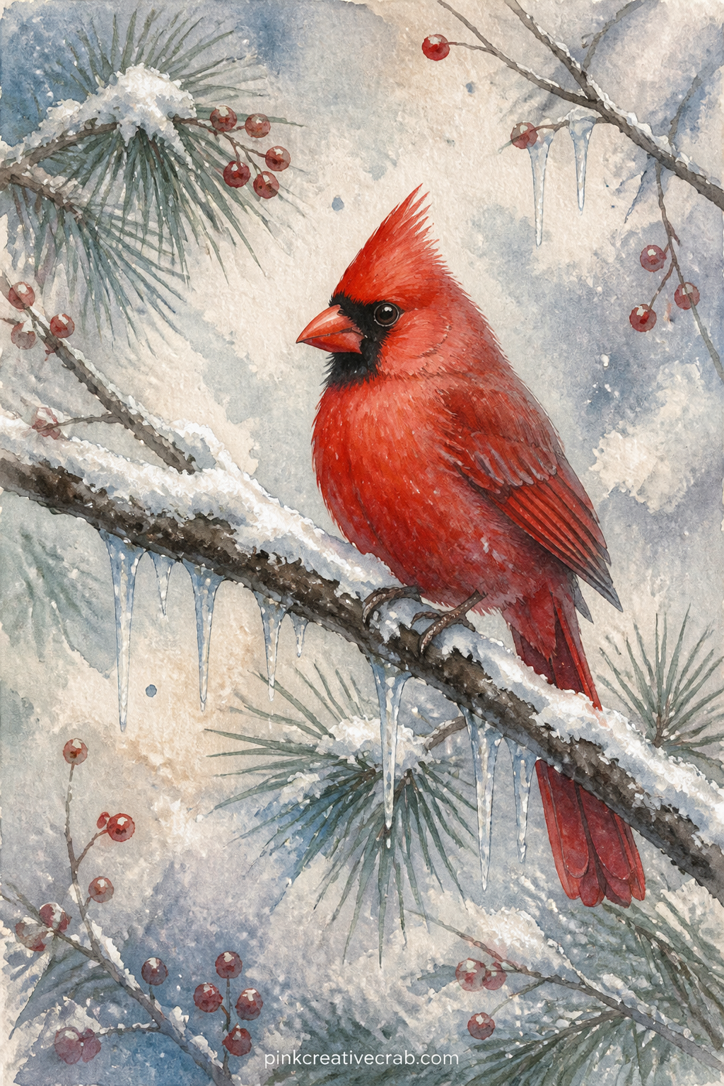 Red Cardinal On A Branch printable page — The usual mistake with a single bird page is leaving too much blank sky around it, so bring the branch close to one