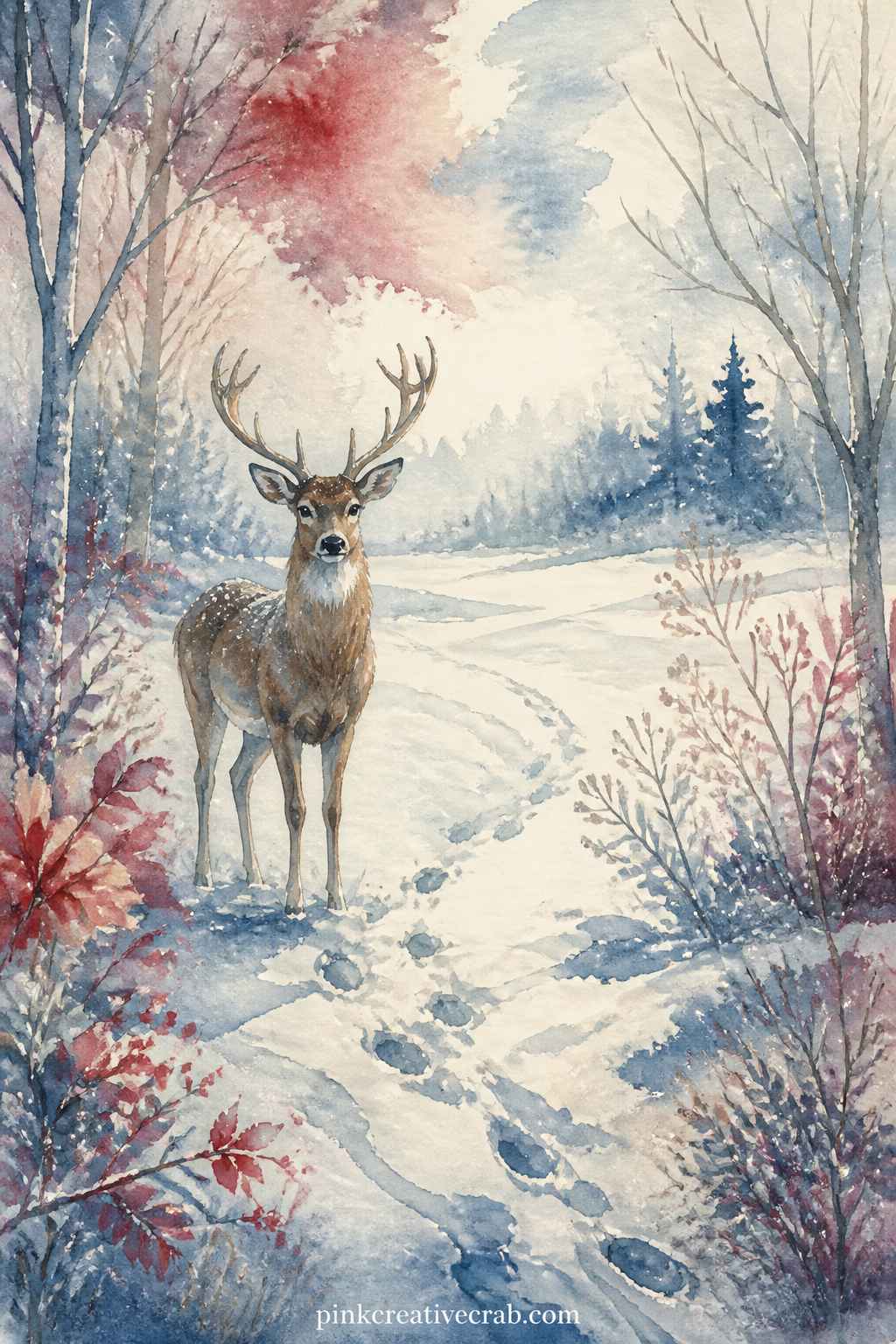Deer In A Snowy Clearing printable page — Pair this page with the pine forest scene earlier in the set, placing them on facing pages so the deer seems to step