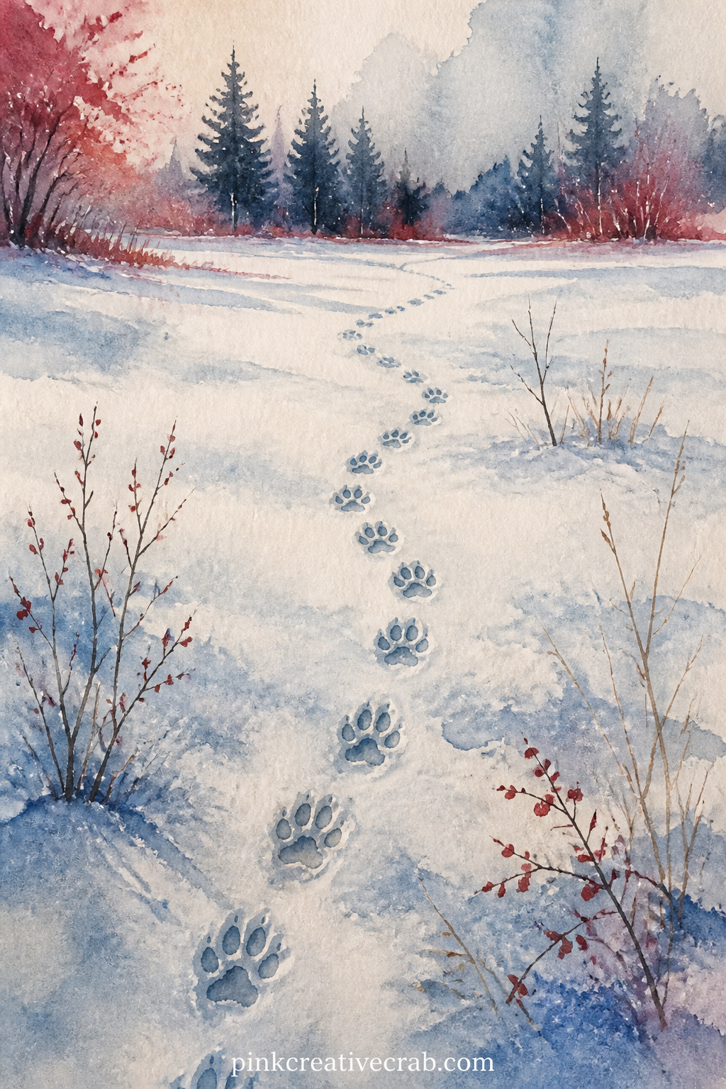 Fox Tracks In Fresh Snow printable page — A trail of fox prints winds across an open snowfield, with a few bare twigs and a distant treeline the only other
