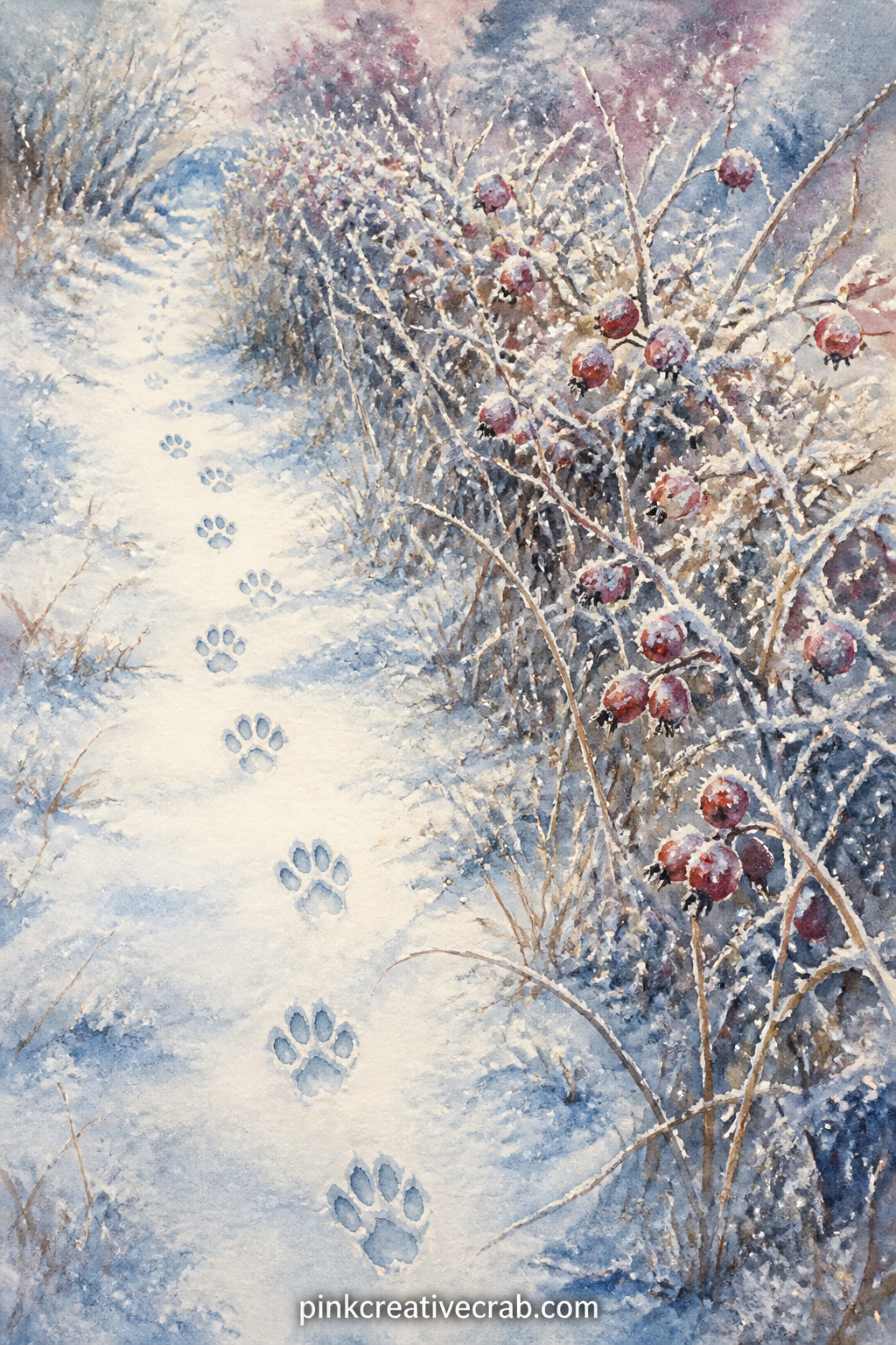 Rabbit Tracks By A Hedge printable page — Small paw prints dot the snow beside a low frosted hedge, the page otherwise given over to soft drifted texture.