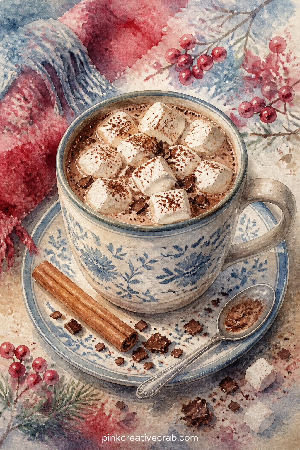 Hot Cocoa And Marshmallows printable page — Glue a real cocoa packet label or a torn recipe card onto this page, right beside the painted mug, if you want a