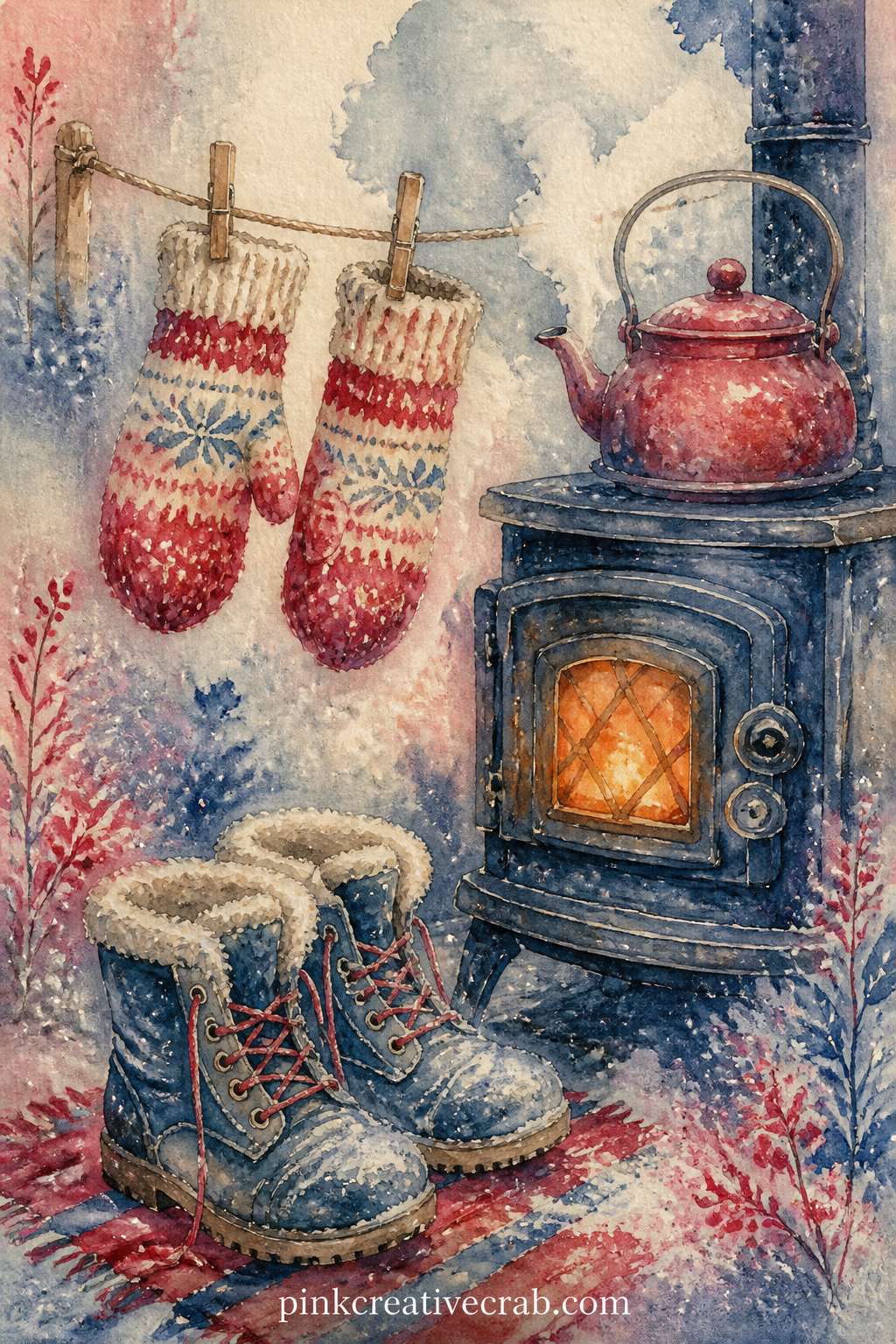 Mittens Drying By The Stove printable page — A pair of damp knitted mittens hangs on a line above the stove, steam rising faintly as snow boots sit drying