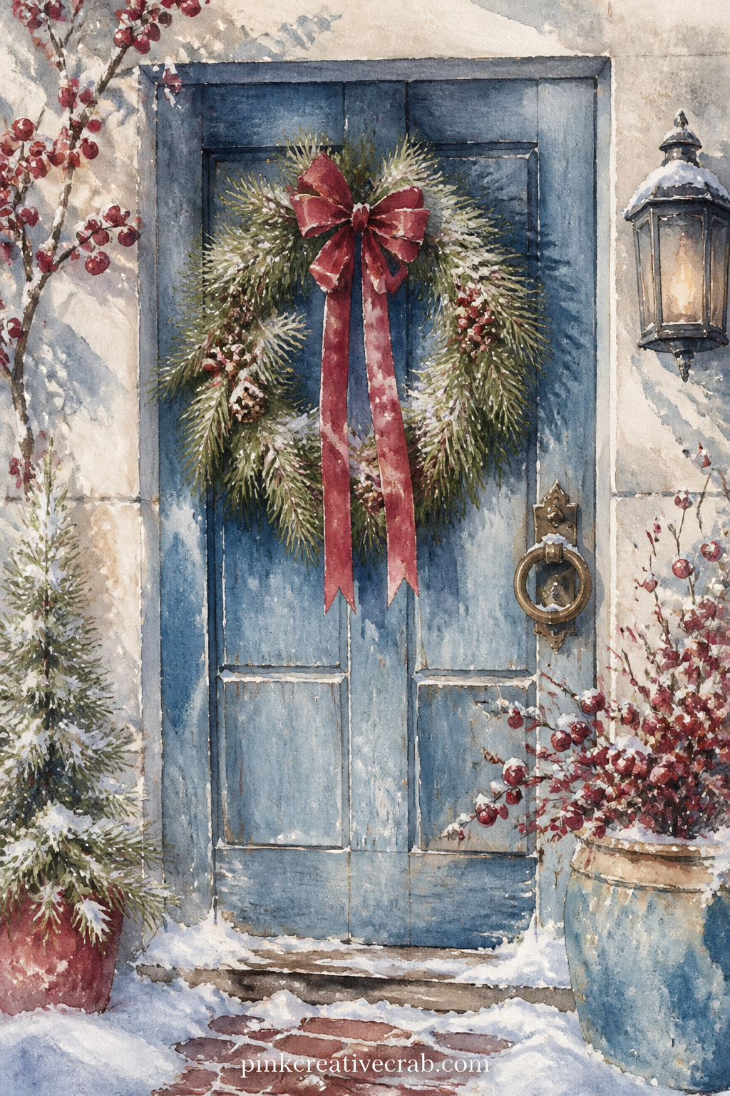 Pine Wreath On A Door printable page — This page suits anyone making a gift journal for a grandmother or an aunt who always hangs the same wreath every year