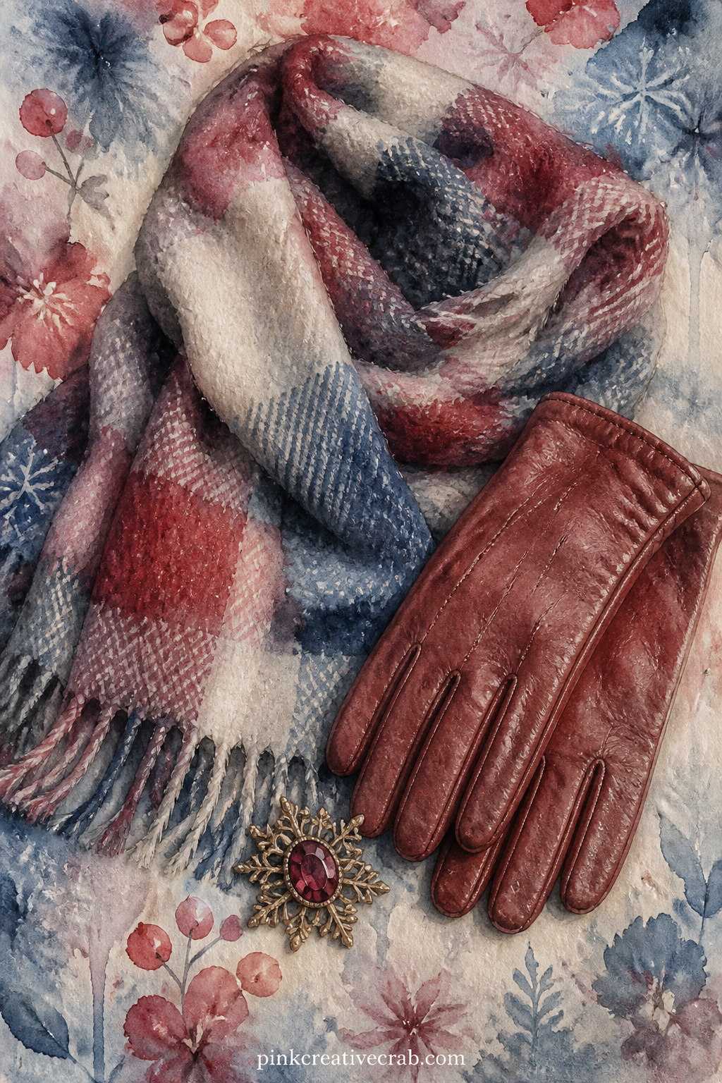 Woolen Scarf And Gloves printable page — A folded wool scarf, a pair of leather gloves and a small brooch sit together on a plain surface, ready to be