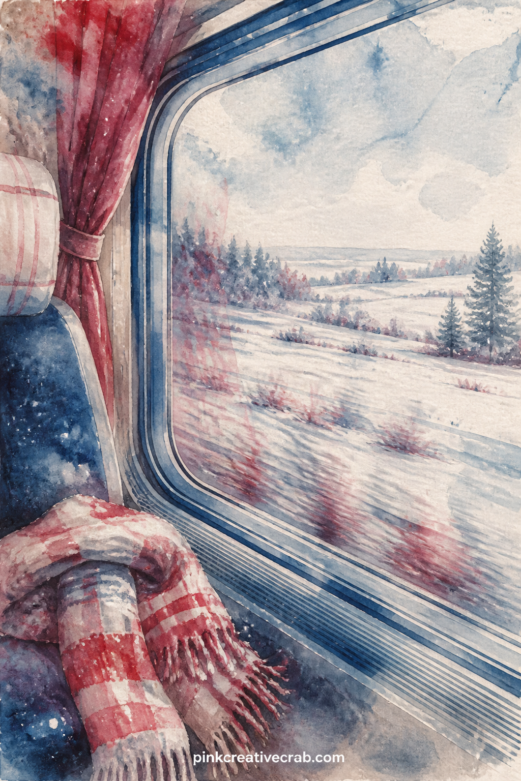 Train Window Winter View printable page — What to write here: a line about a winter trip you took or wish to take, since the view through the glass leaves room
