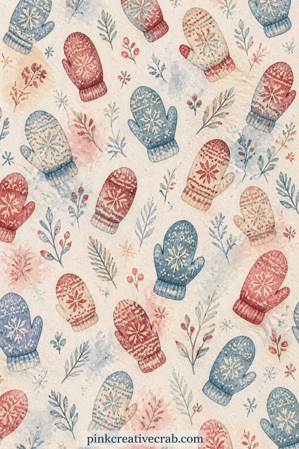 Knitted Mittens Pattern printable page — Small knitted mittens scatter in rows across the sheet in dusty blue and cranberry red, useful under a mitten photo