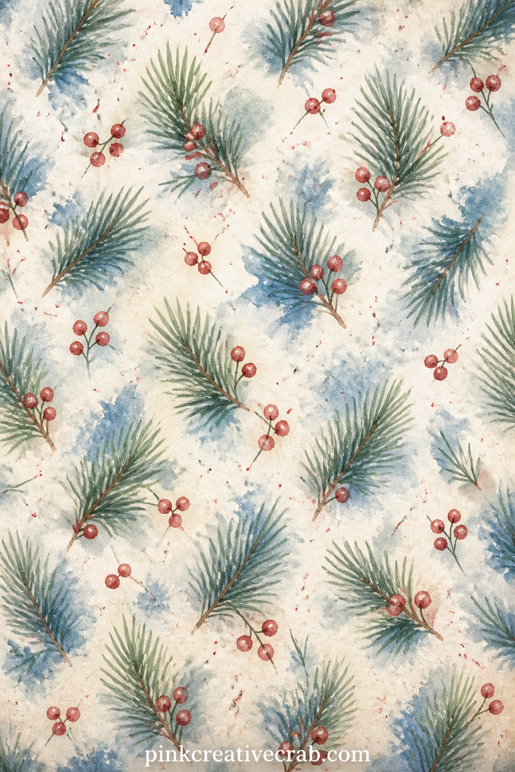 Pine Branch Repeat printable page — Short sprigs of pine with small red berries repeat in a loose diagonal across the sheet, good under a holiday photo, as a