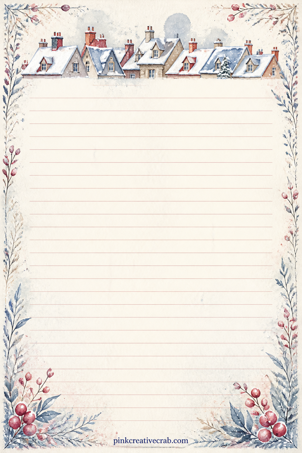 Snowy Rooftop Lined Page printable page — A row of small snow-capped rooftops runs along the top border, leaving faint ruled lines beneath for a gift list, a
