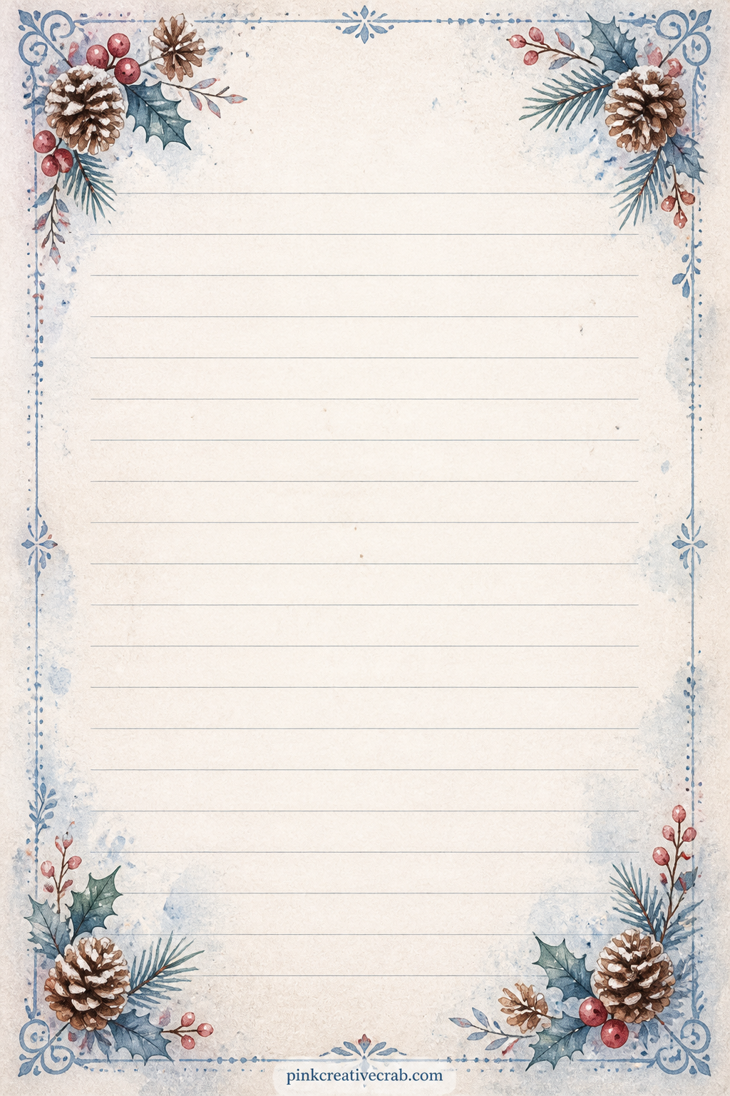 Pinecone Corner Lined Page printable page — Pinecones and a sprig of holly fill each corner, framing faint ruled lines in the middle for a packing list, a