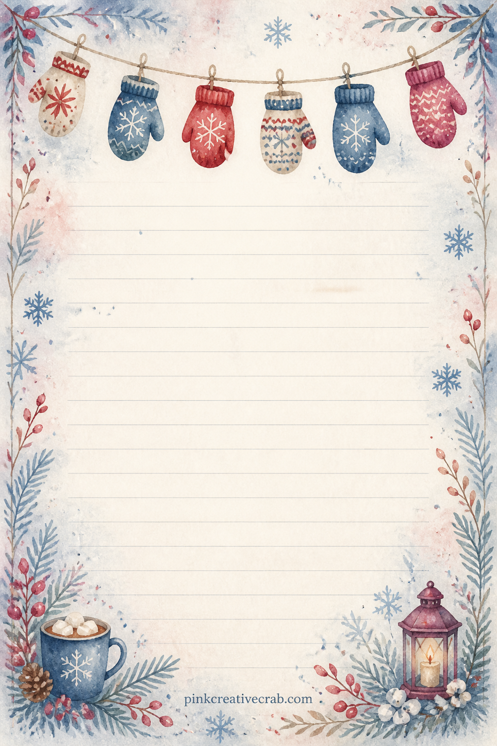 Mitten Garland Lined Page printable page — A row of tiny mittens strung along a thread runs across the top like a garland, with plain ruled lines below for a