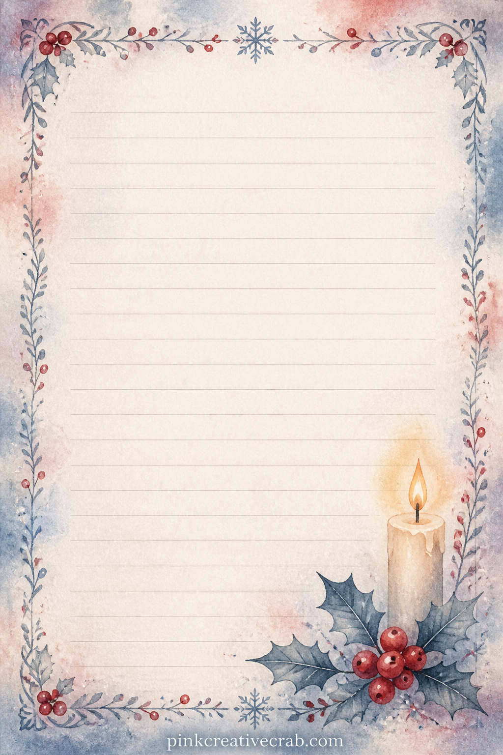 Candle And Holly Lined Page printable page — A single candle and a sprig of holly sit in one corner, with faint ruled lines stretching across the rest of the