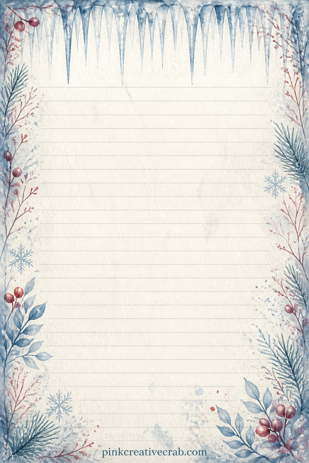 Icicle Border Lined Page printable page — Thin icicles hang along the top edge like a fringe, leaving faint ruled lines below for a weather log, a packing list