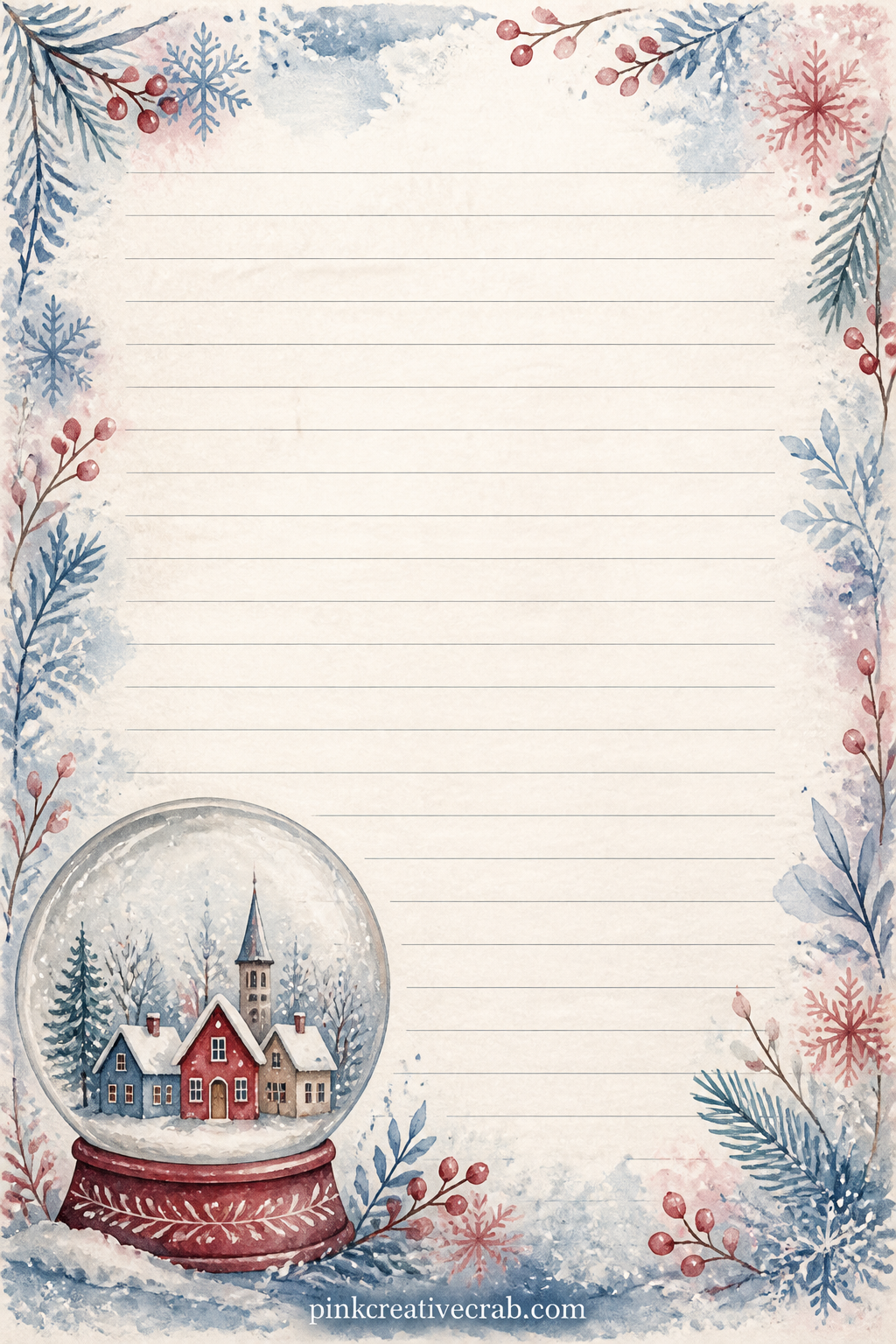 Snow Globe Lined Page printable page — A small snow globe sits in one corner holding a tiny painted village, with faint ruled lines across the page for a wish
