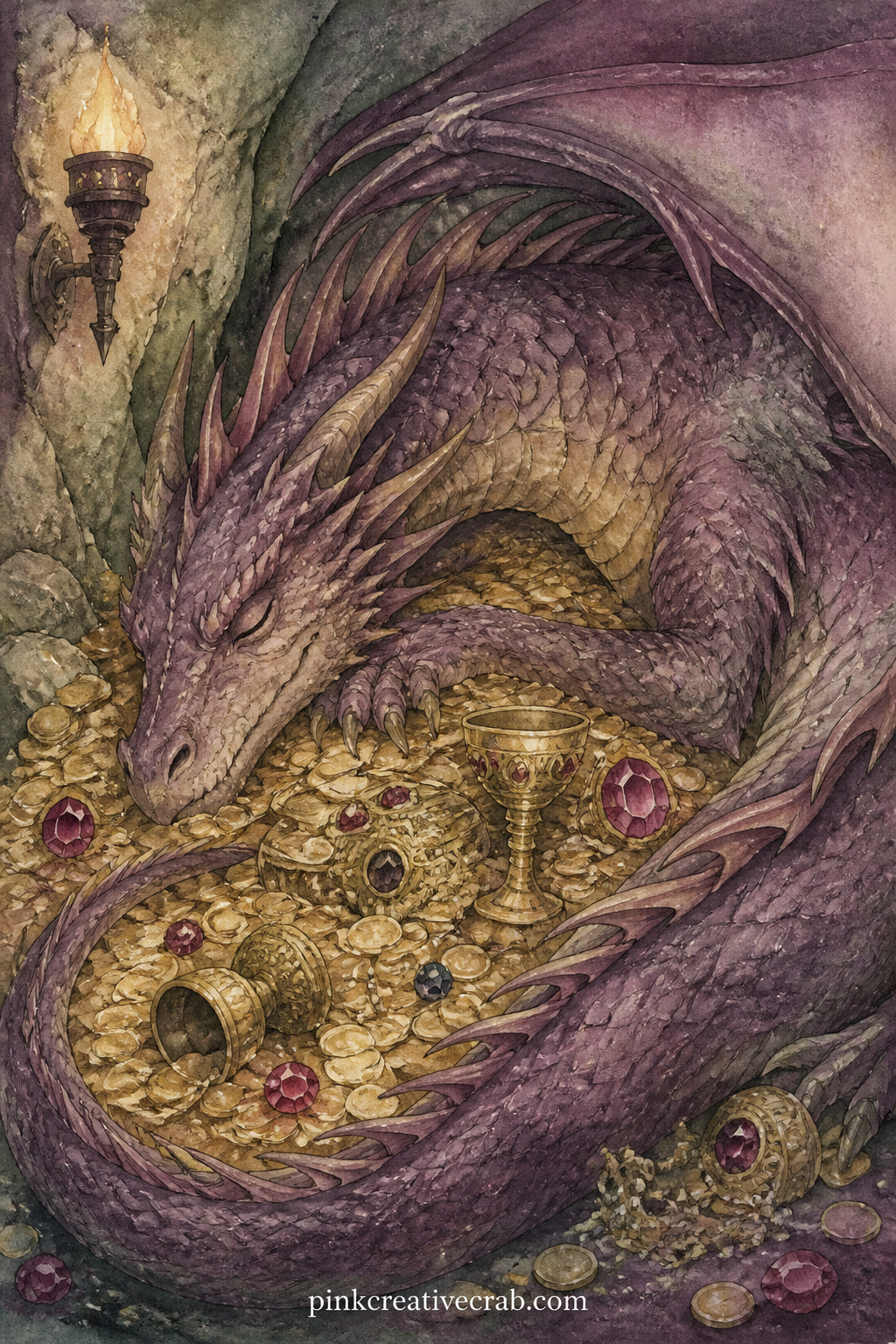 Dragon Asleep on Gold printable page — Dragon takes up most of this page, coiled over a hoard, so it pairs naturally with a short line of narration about the