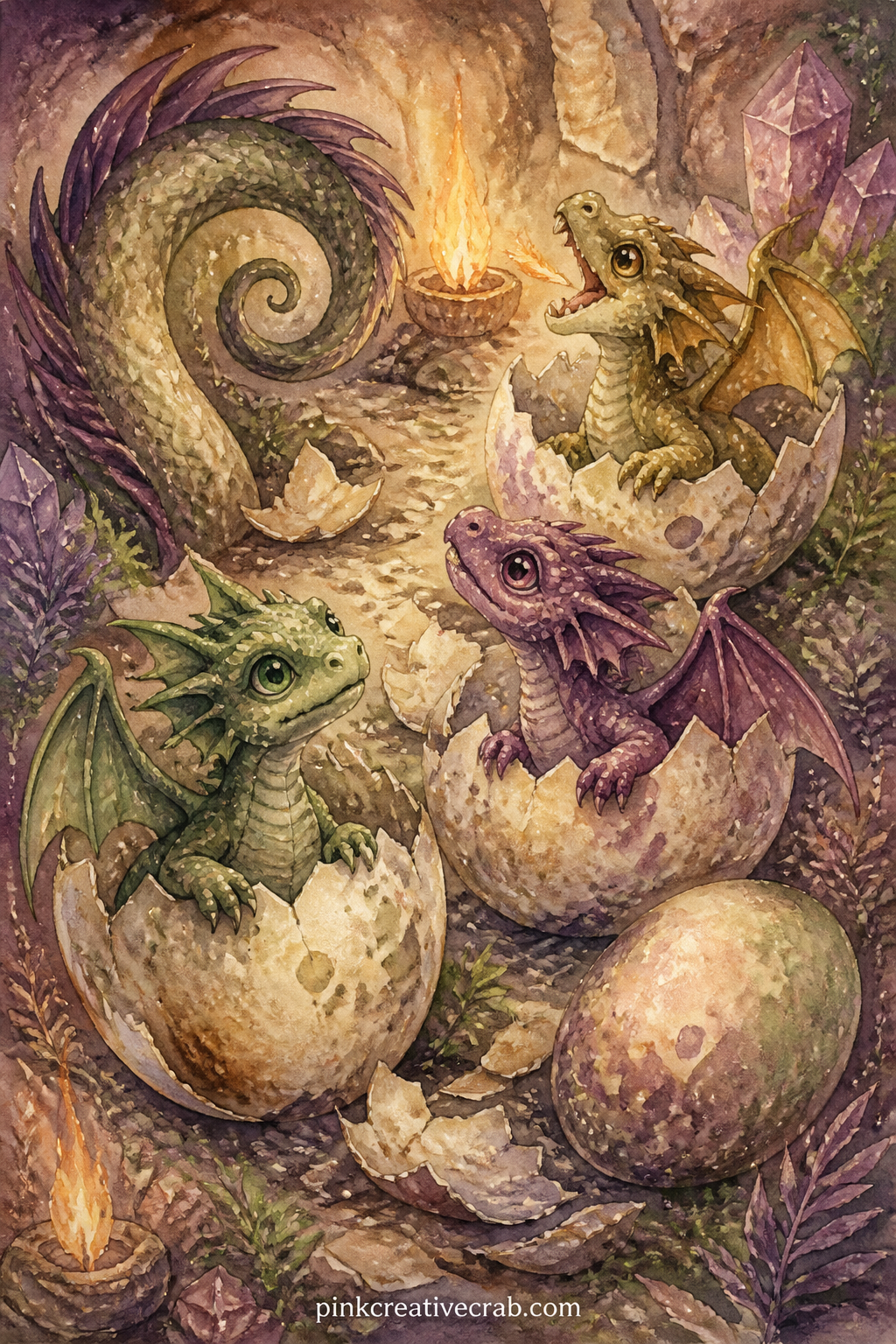 Baby Dragons Hatching printable page — Three tiny dragons crack out of their shells while a fourth egg still rocks, with eggshell pieces, a small flame and a