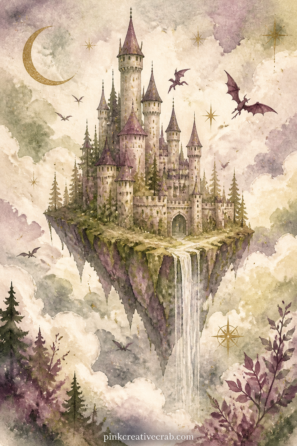 Castle Floating Above Clouds printable page — Floating on nothing but cloud and a little magic, this castle looks right paired with the star and rune