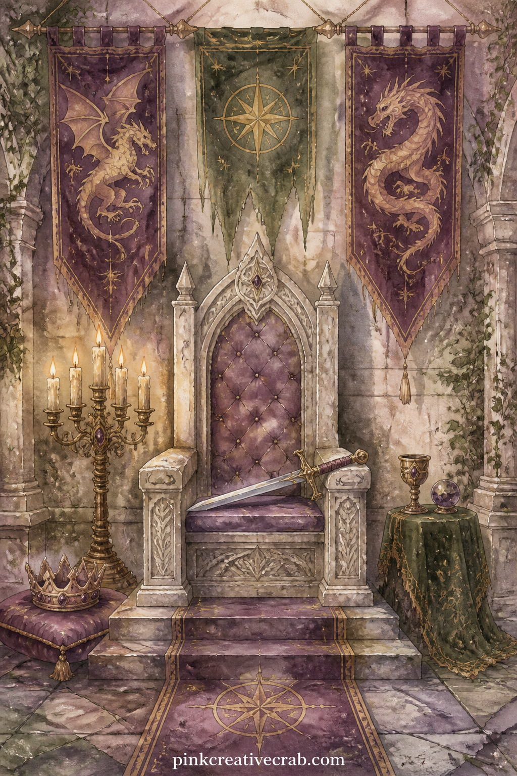 Throne Room With Banners printable page — A stone throne sits under three long banners, with a sword laid across the seat, a crown on one armrest, and a pair