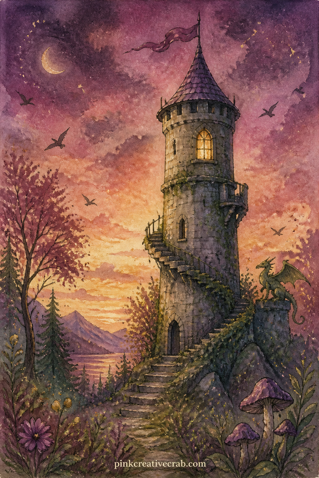 Watchtower At Dusk printable page — The usual mistake with a tower page is painting it too small in the middle of blank paper, so here the tower rises nearly