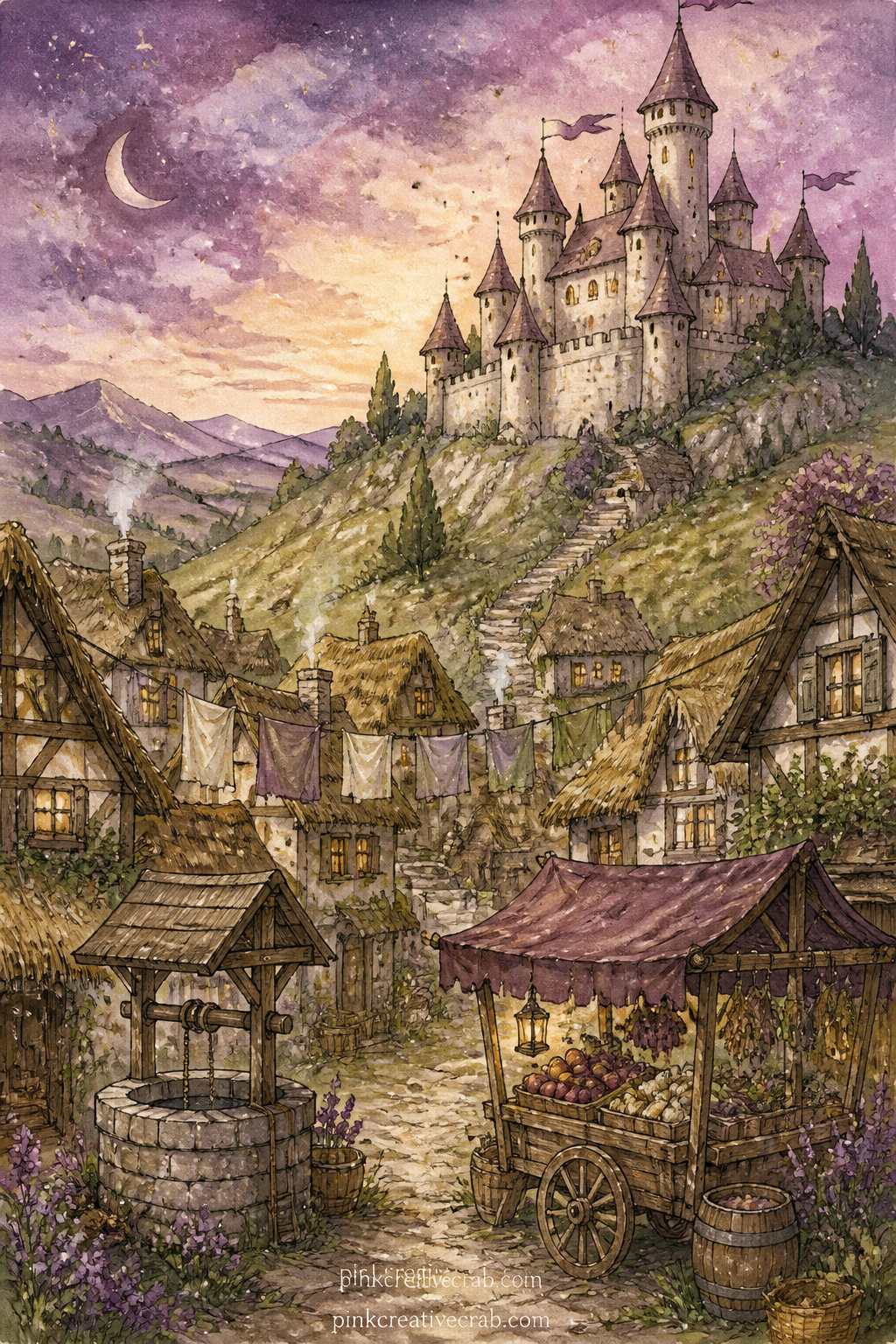 Village Beneath The Castle printable page — Small thatched roofs, a well, a market cart and a line of washing hang below the castle on the hill, with smoke
