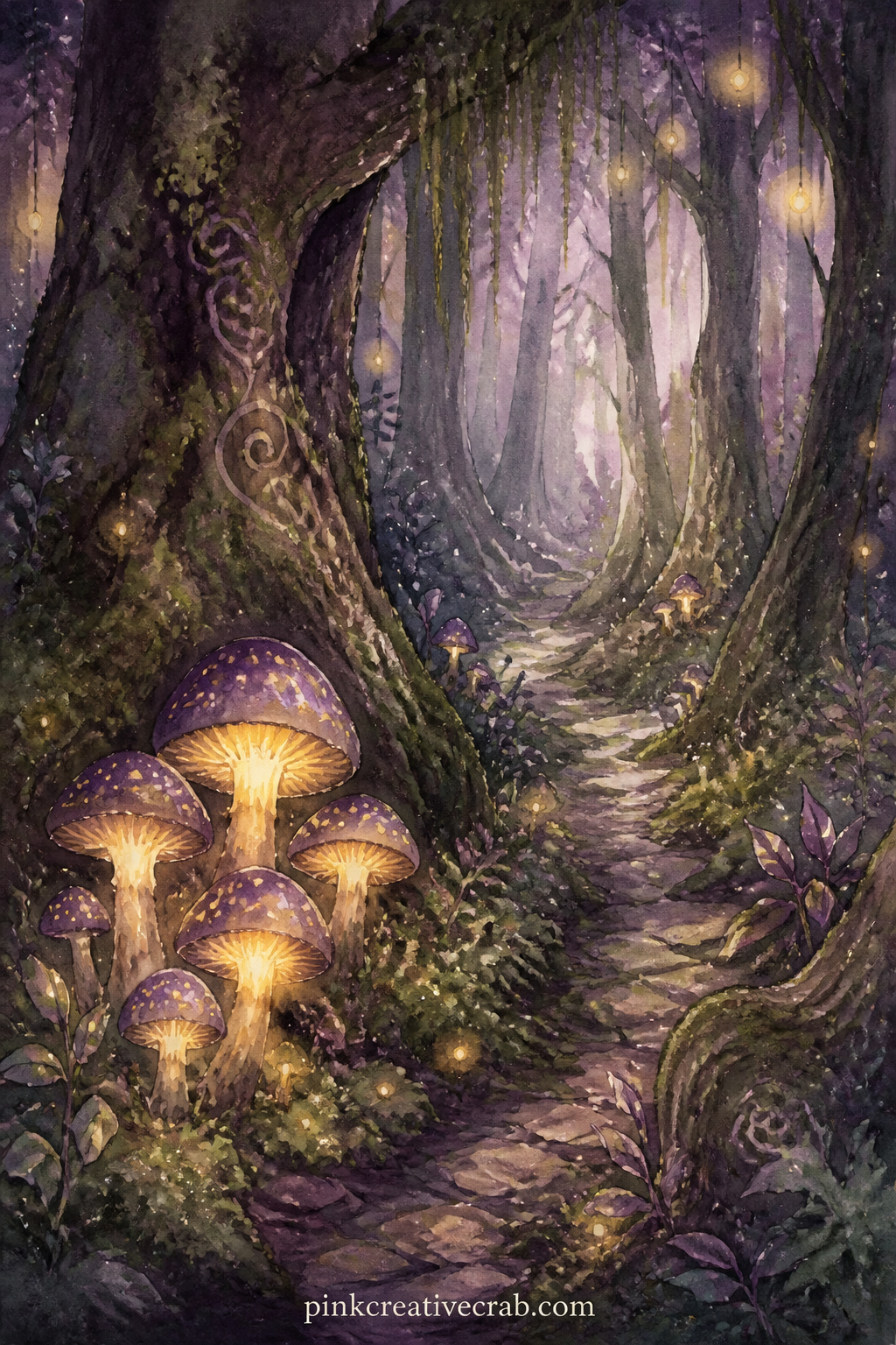 Enchanted Forest With Glowing Mushrooms printable page — Glue a pressed leaf or a scrap of green ribbon straight onto this page, right among the painted