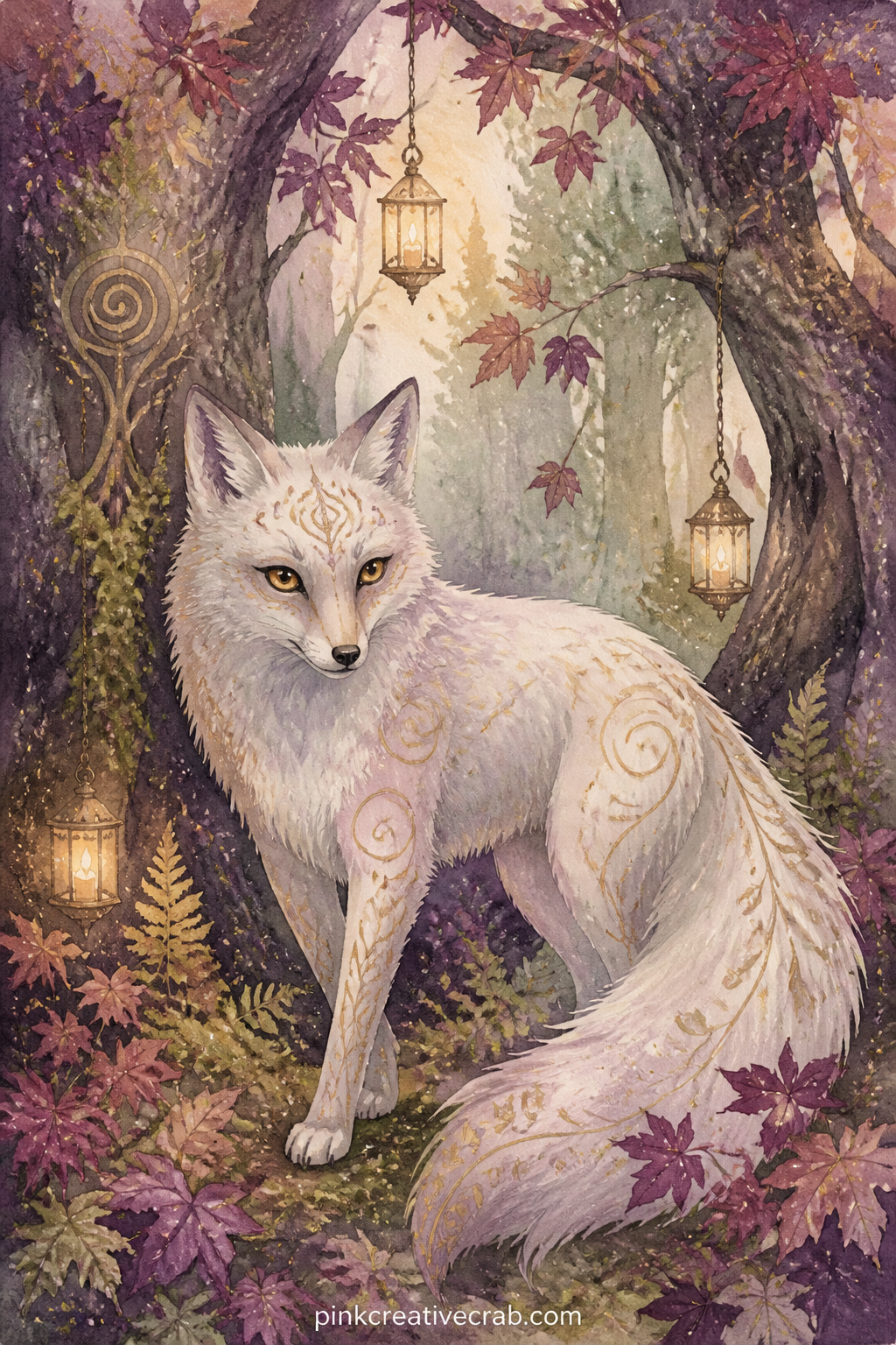 Fox Spirit In The Woods printable page — A pale fox with faint glowing markings stands between two trees, watched by a scatter of small lanterns hanging from