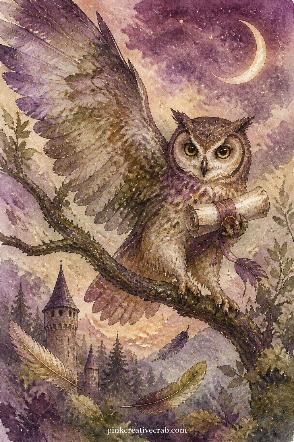 Owl Messenger With Scroll printable page — What did the message in the owl's scroll say, and who is it meant for: leave two lines below this page for the