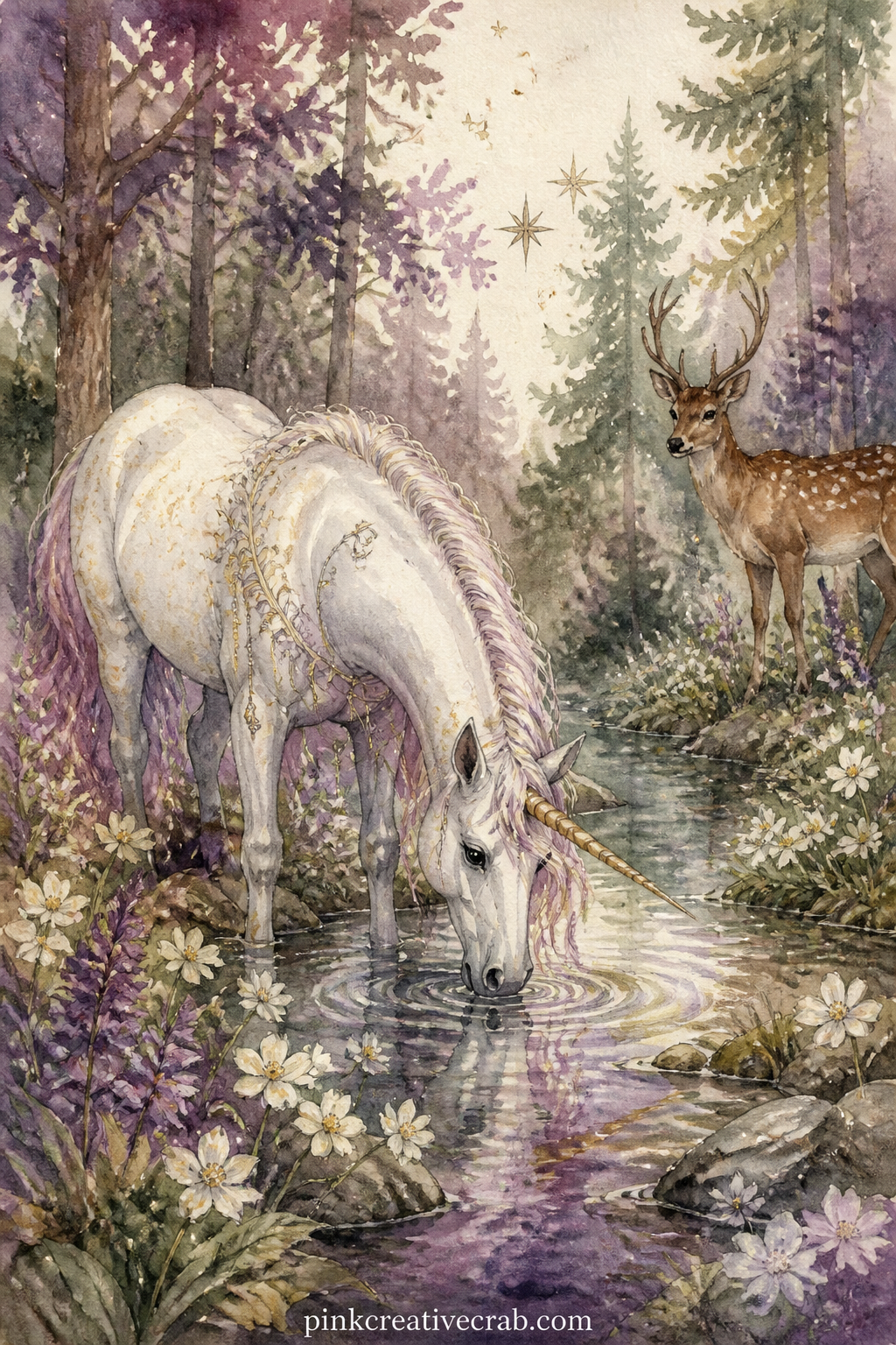 Unicorn At The Stream printable page — A white unicorn bends to drink from a narrow forest stream while a deer watches from the far bank and small white