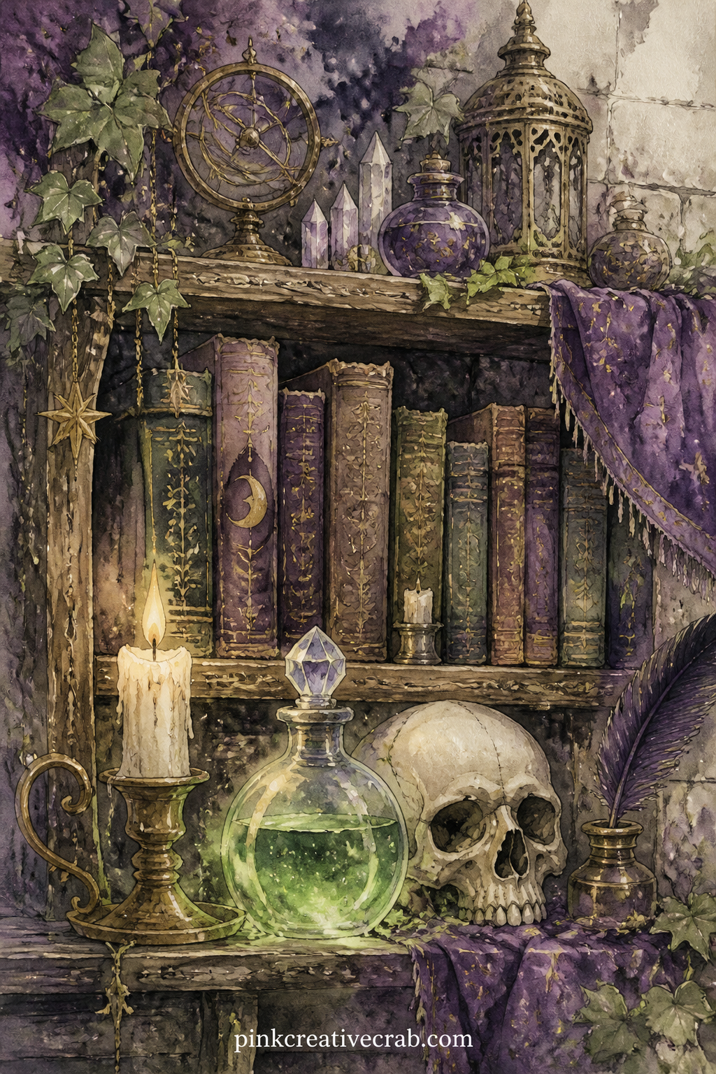 Wizard's Study Shelf printable page — This page works best glued across from the rune pattern page in this set, so the shelf of spellbooks sits beside a wall
