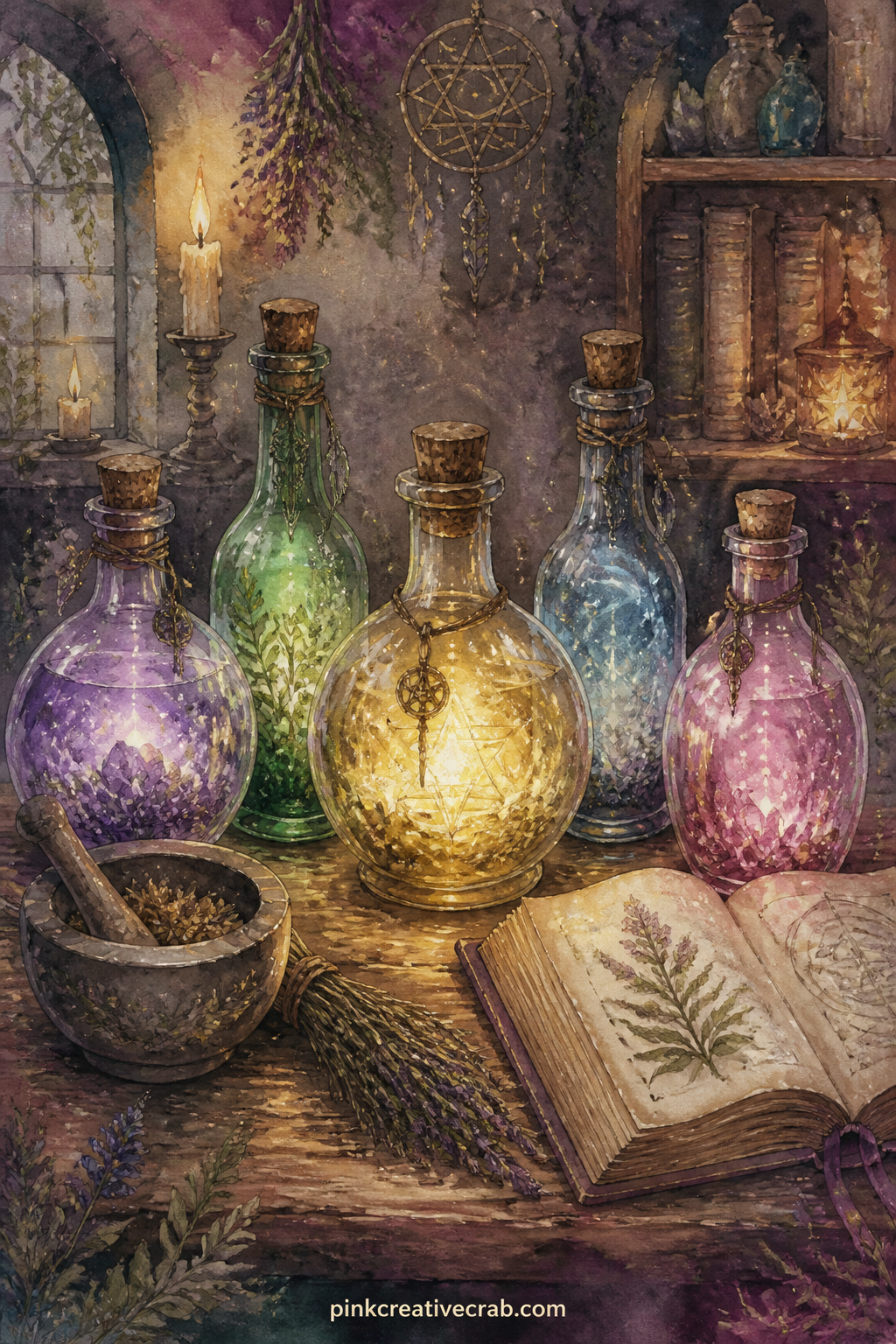 Potion Bottles On A Table printable page — Five bottles of different coloured liquid stand on a cluttered table beside a mortar and pestle, a dried herb bundle