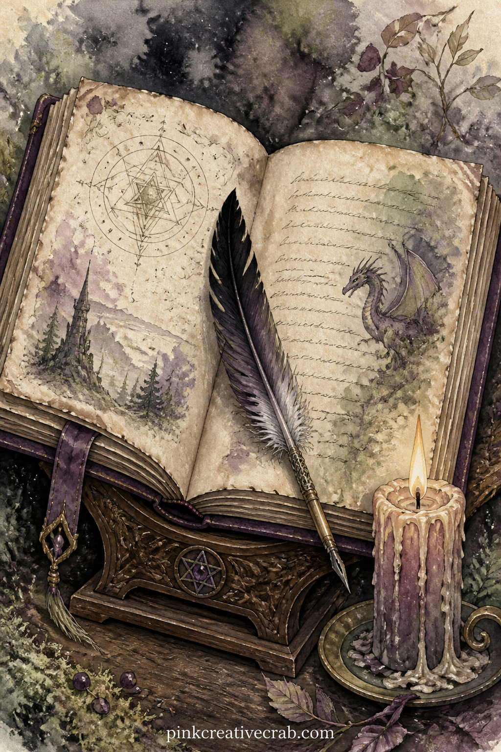 Spellbook Open To A Page printable page — An old spellbook lies open on a stand, its visible page covered in looping handwriting and a small drawn diagram, a