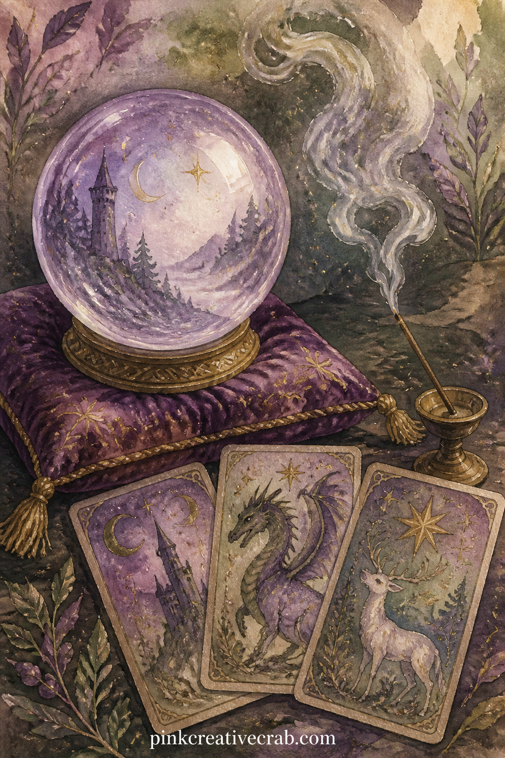Crystal Ball And Tarot Cards printable page — Tear the top corner of this page by hand before gluing it in, so the crystal ball looks half revealed under a