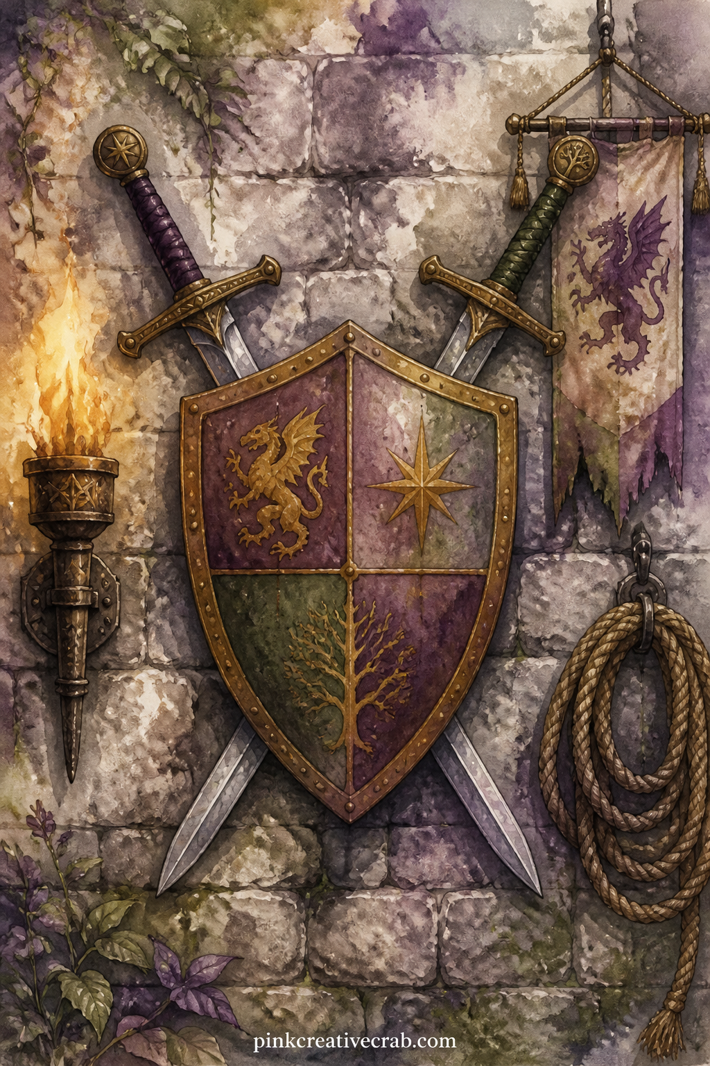 Sword And Shield On A Wall printable page — A worn sword and a dented shield hang crossed on a stone wall, flanked by a lit torch, a coil of rope and a small