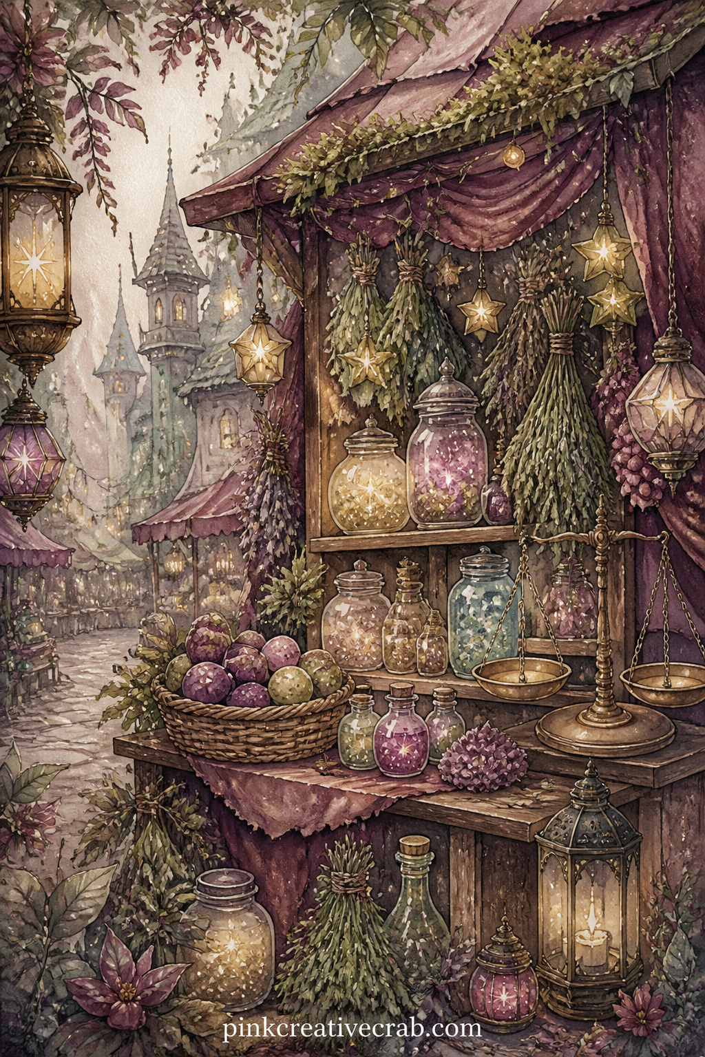 Fairy Market Stall printable page — Jars of glowing dust, bundled herbs, a basket of odd fruit and a small scale sit on this stall, run by someone the reader