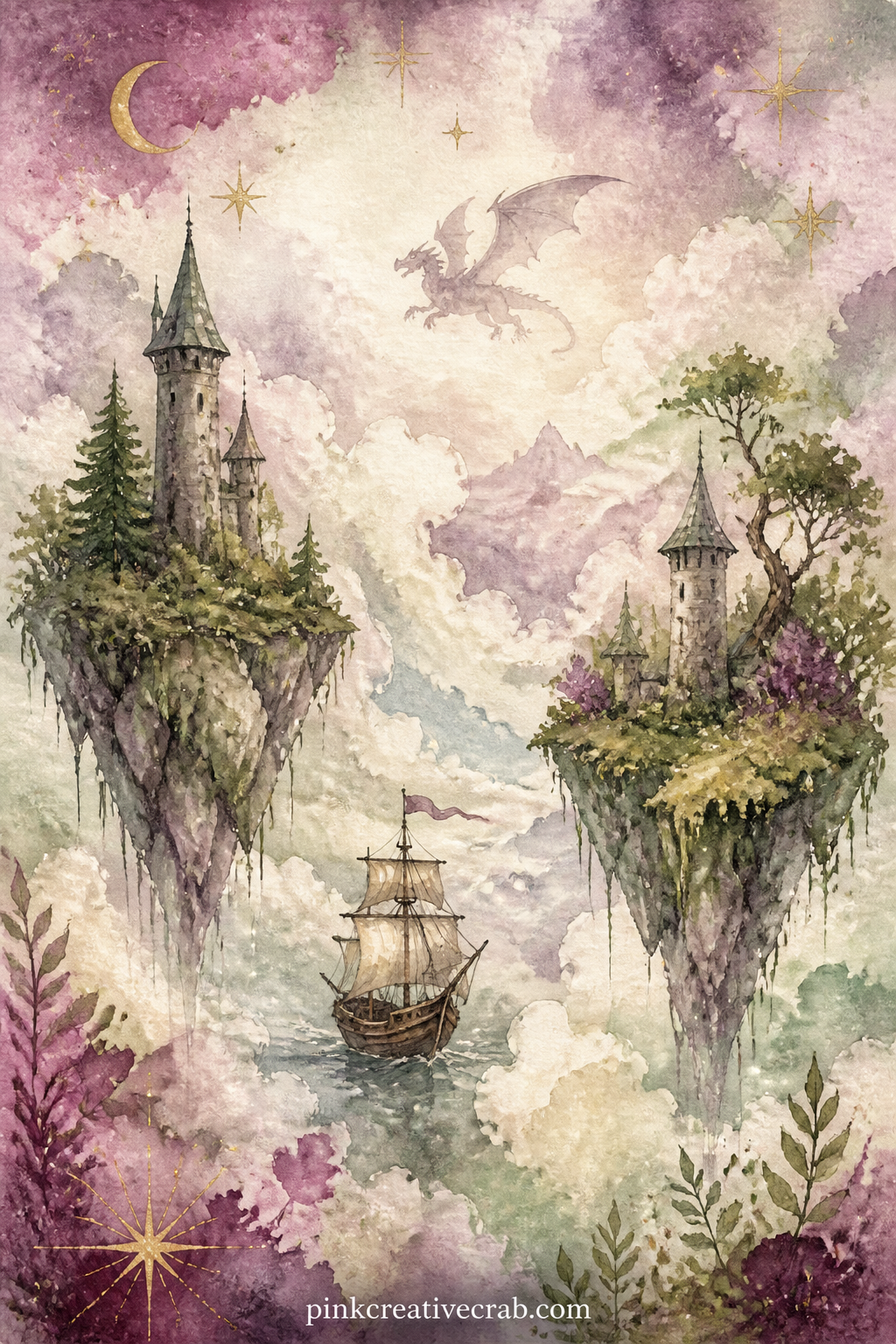 Ship Sailing Between Islands printable page — A single-masted ship cuts between two floating islands under a painted sky heavy with cloud and one far off