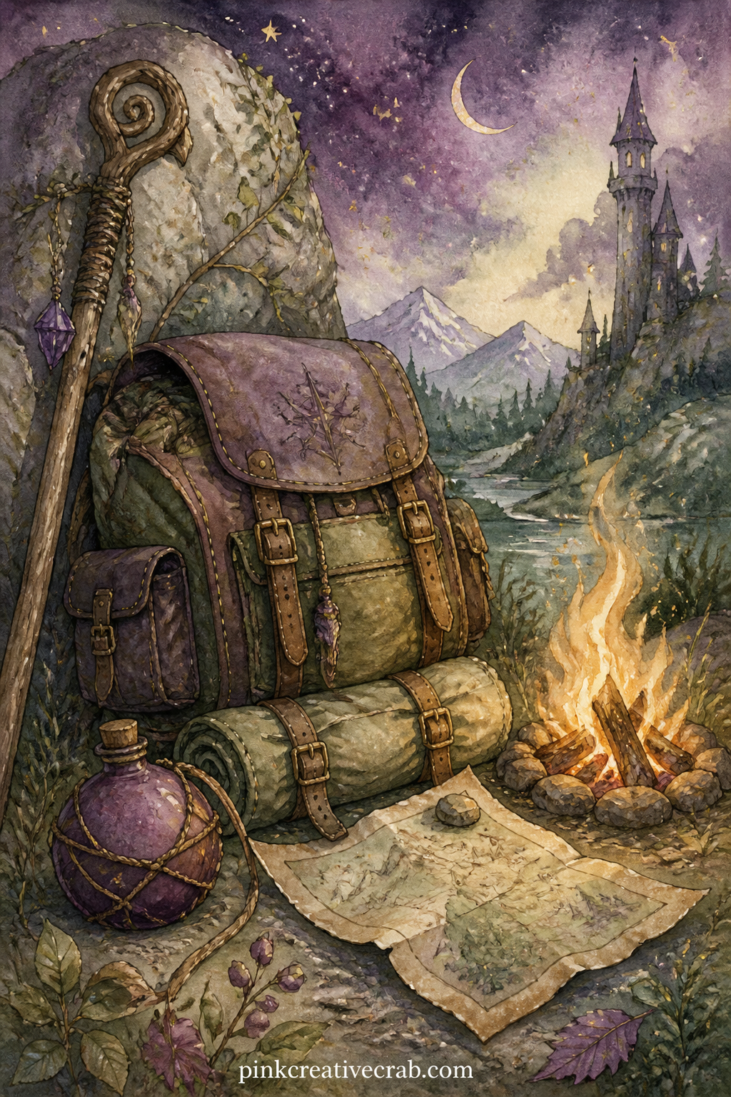 Traveler's Pack By The Fire printable page — Pair this page with the lined writing page in this set that has the small flame border, so the traveler's gear