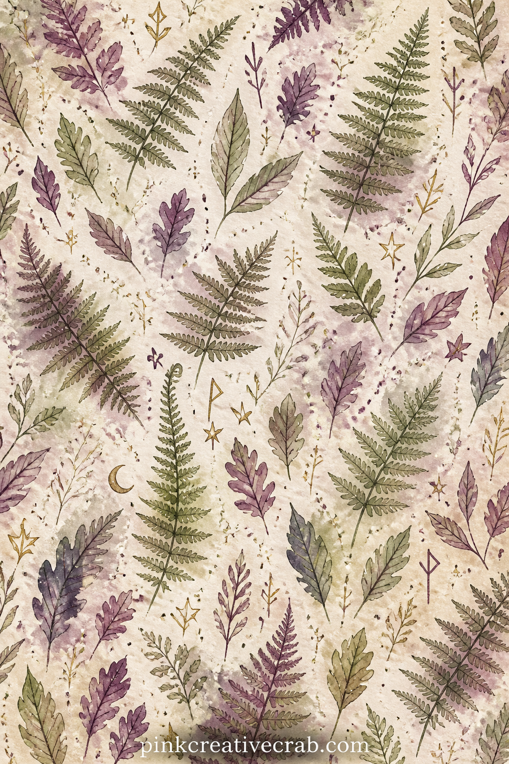 Forest Fern Pattern printable page — Ferns and small leaves scatter across this page, suited to a cover, a lining behind a pressed leaf, or backing paper under