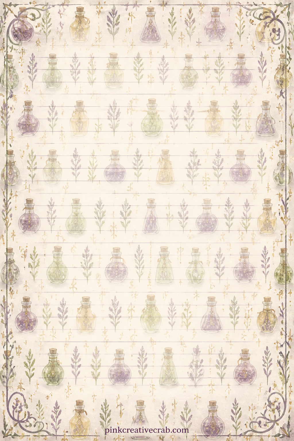 Potion Bottle Pattern printable page — Tiny bottles and herb sprigs repeat in rows here, good under a photo of a real glass bottle, as a pocket lining, or as a