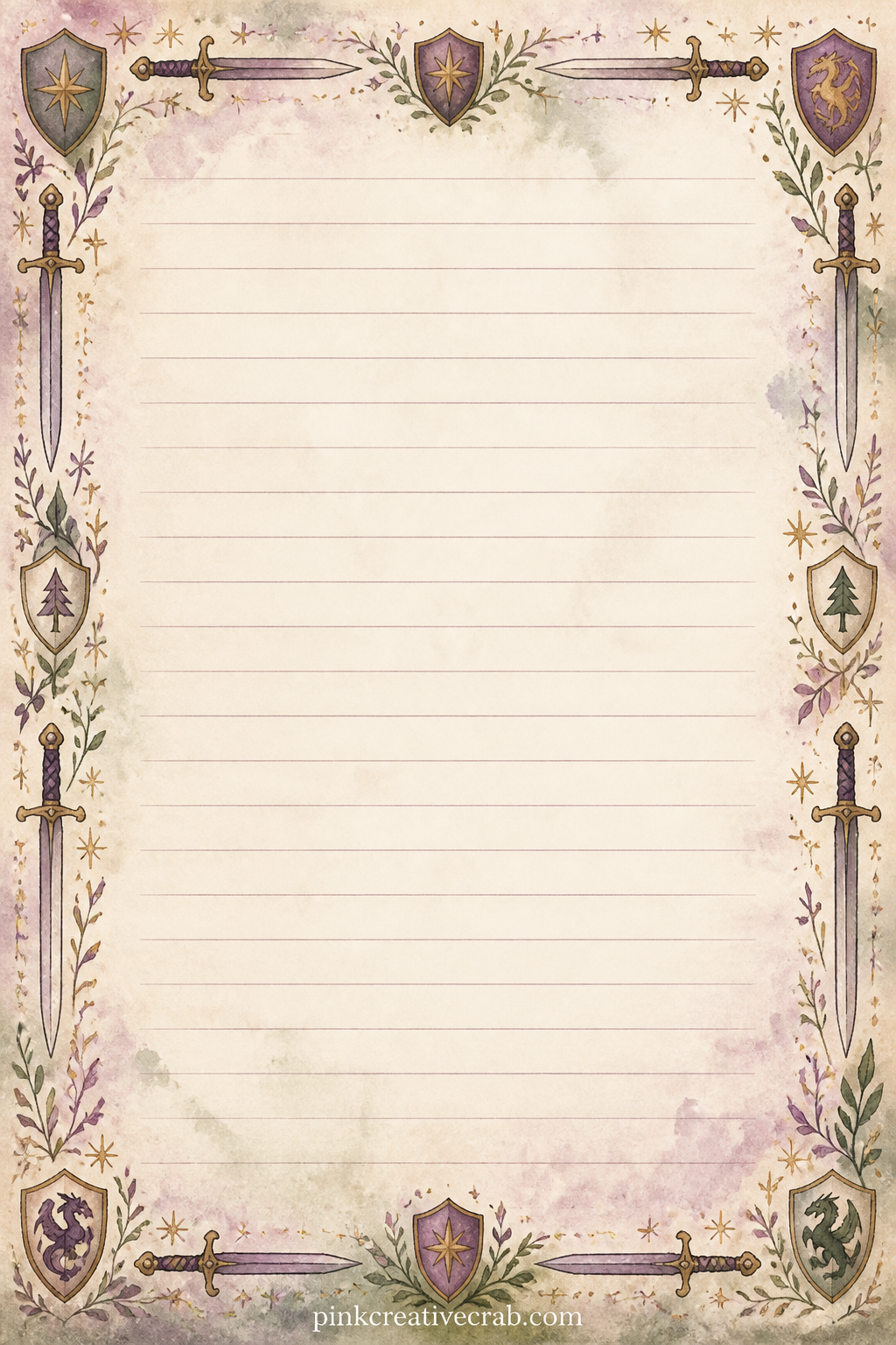 Quest Log Lined Page printable page — A thin border of small swords and shields frames this page, ready for a day's quest log, a packing list for travel, or a