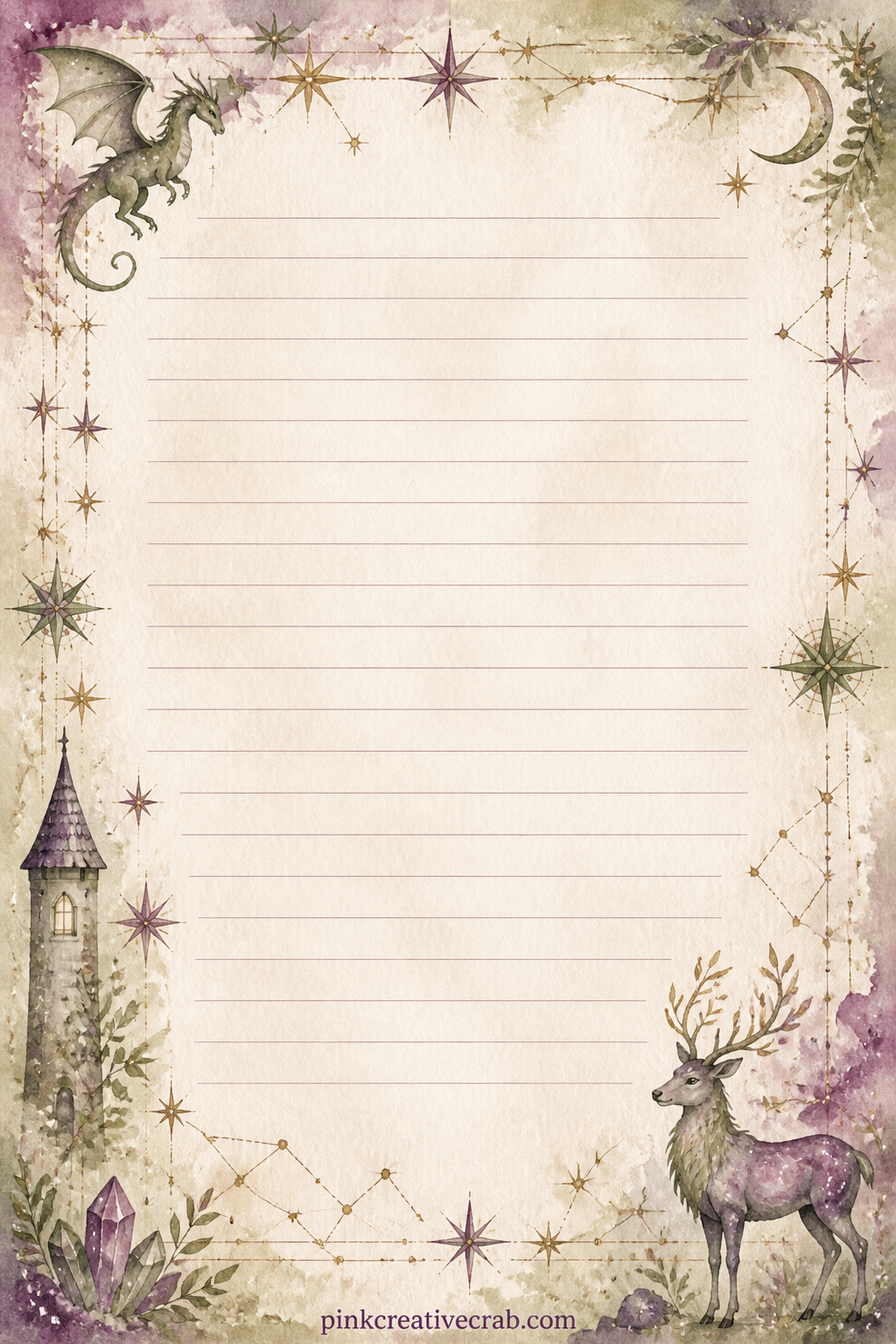 Star Chart Lined Page printable page — Tiny stars and constellation lines trim the edges here, suited to a dream you had, a wish list, or notes on a night sky