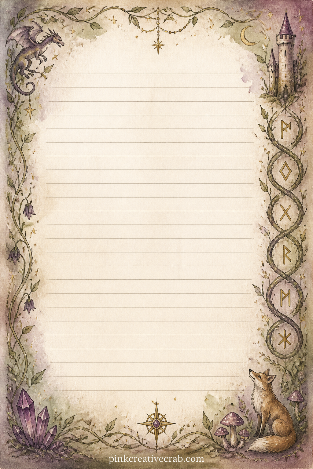 Vine And Rune Lined Page printable page — A band of twisting vines and small runes runs down one side, good for a spell you invented, a gift list for a fellow