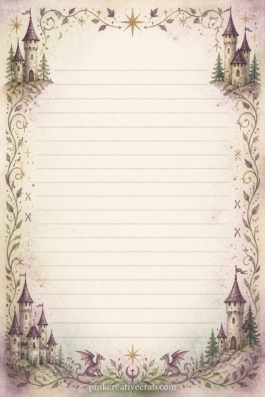 Castle Corner Lined Page printable page — Small turrets sit in each corner of this page, ready for a kingdom you are building, a character list, or a short